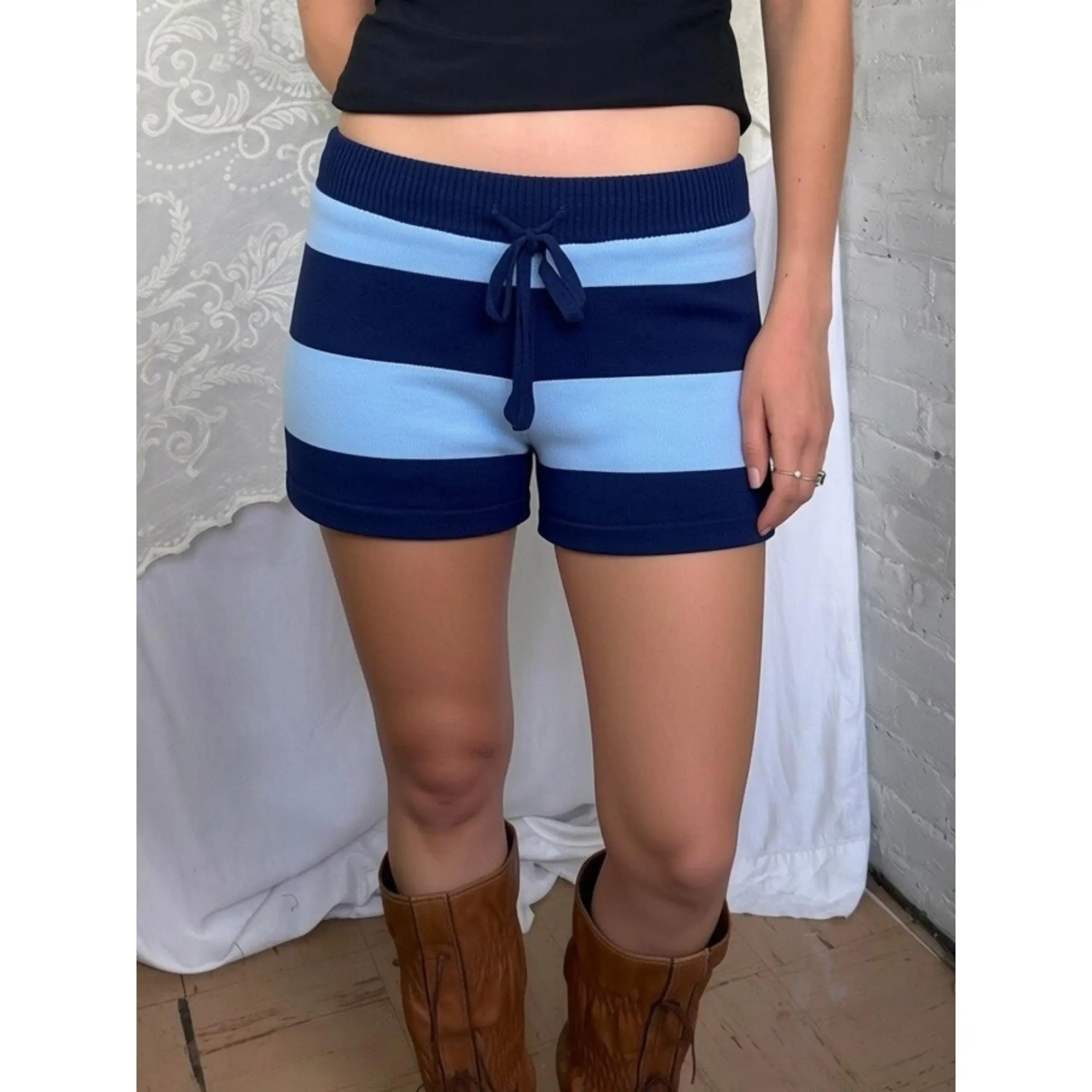 y2k Striped Mini Shorts Summer Women Drawstring Low Waist Knit Micro Shorts Streetwear