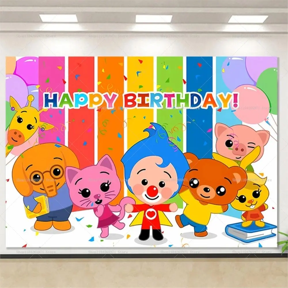Circus Cartoon Plim Plim Theme Tapestry Wall Hanging, 160 x 70 inches Polyester Home Supplies Backdrop with Prints, Playful Clown Balloon Decor for Birthday Baby Shower Photography