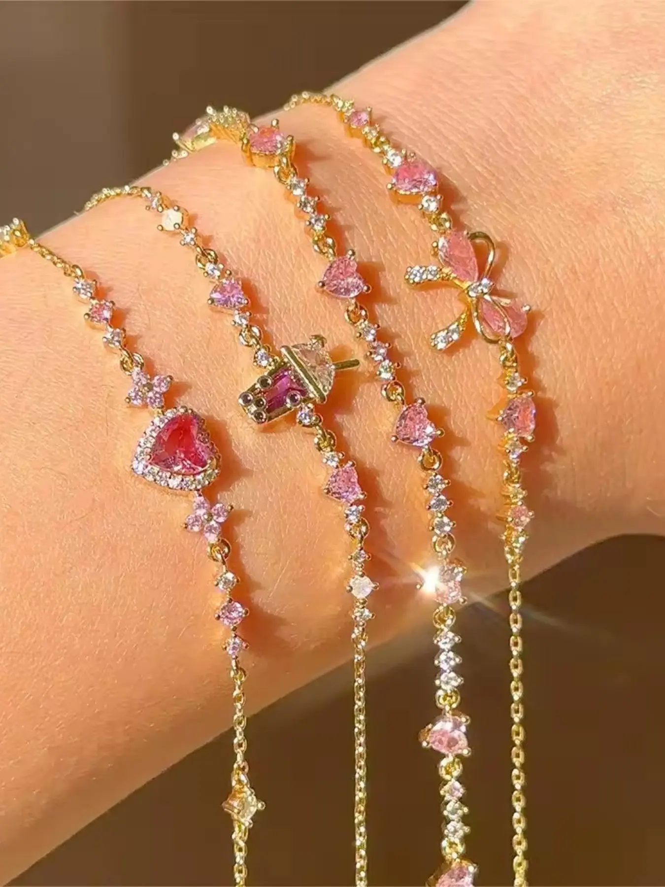 Pink Zircon Bow Bracelet, Fashion Zircon Copper Bracelet, Young Girl Gift, Stylish Accessory for Teens, Perfect Present