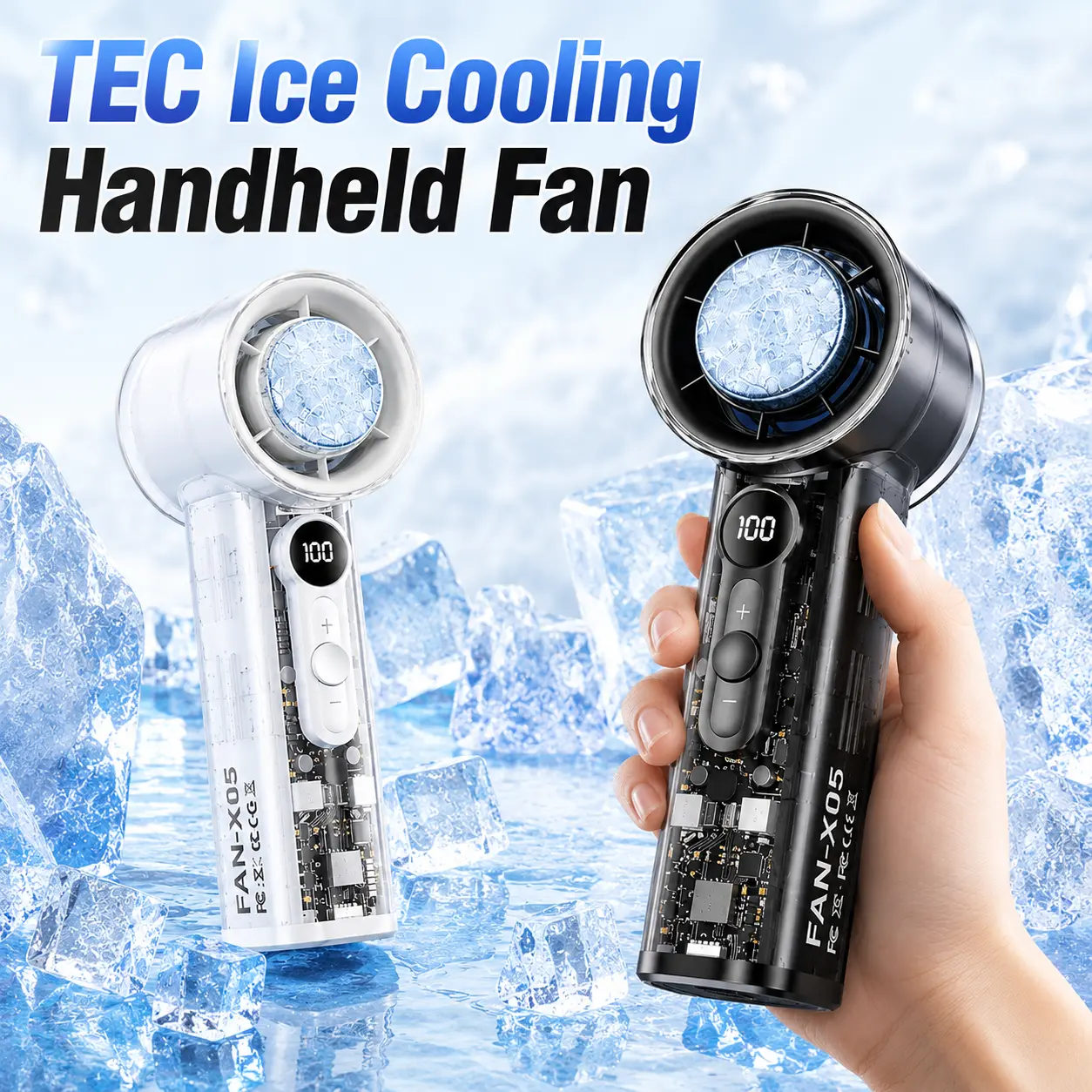 Portable Mini Turbo Fan, Rechargeable Handheld Fan with TEC Ice Cooling, 100-Speed Adjustable Airflow, LED Display, Handheld & Desk Fan for Travel, Office & Outdoor