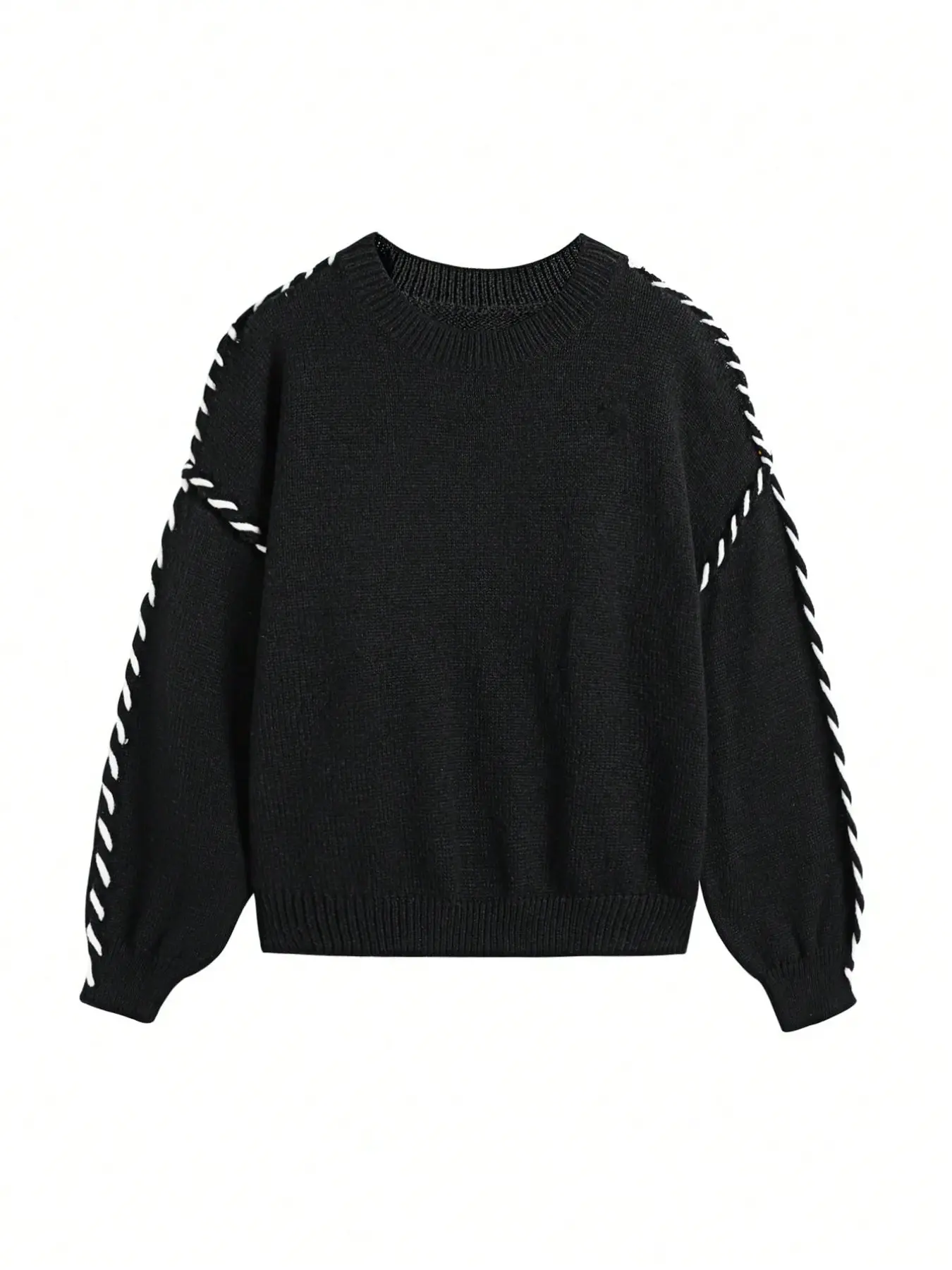 Colorblock Hand-Stitched Knit Sweater, Cool Casual Style, Drop Shoulder Loose Thick Round Neck Long Sleeve Top, Plus Size Women's Fall Winter