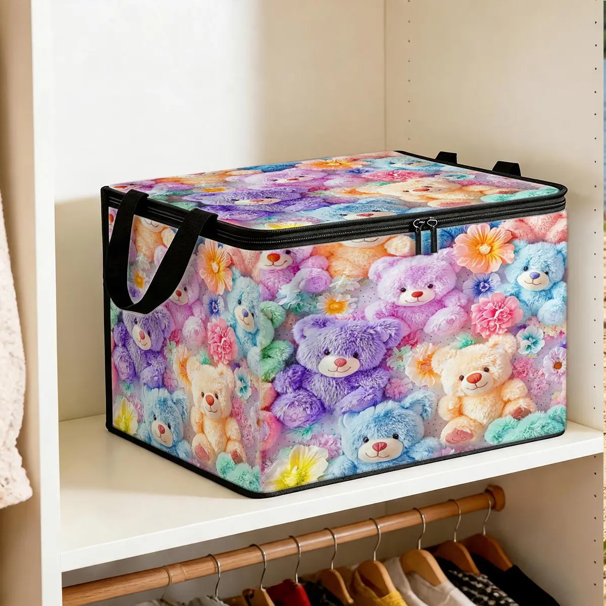 Large Capacity Dust-Proof Storage Box, Reusable Organizer for Clothes and Toys, Perfect Gift for Holidays, Floral Bear Design