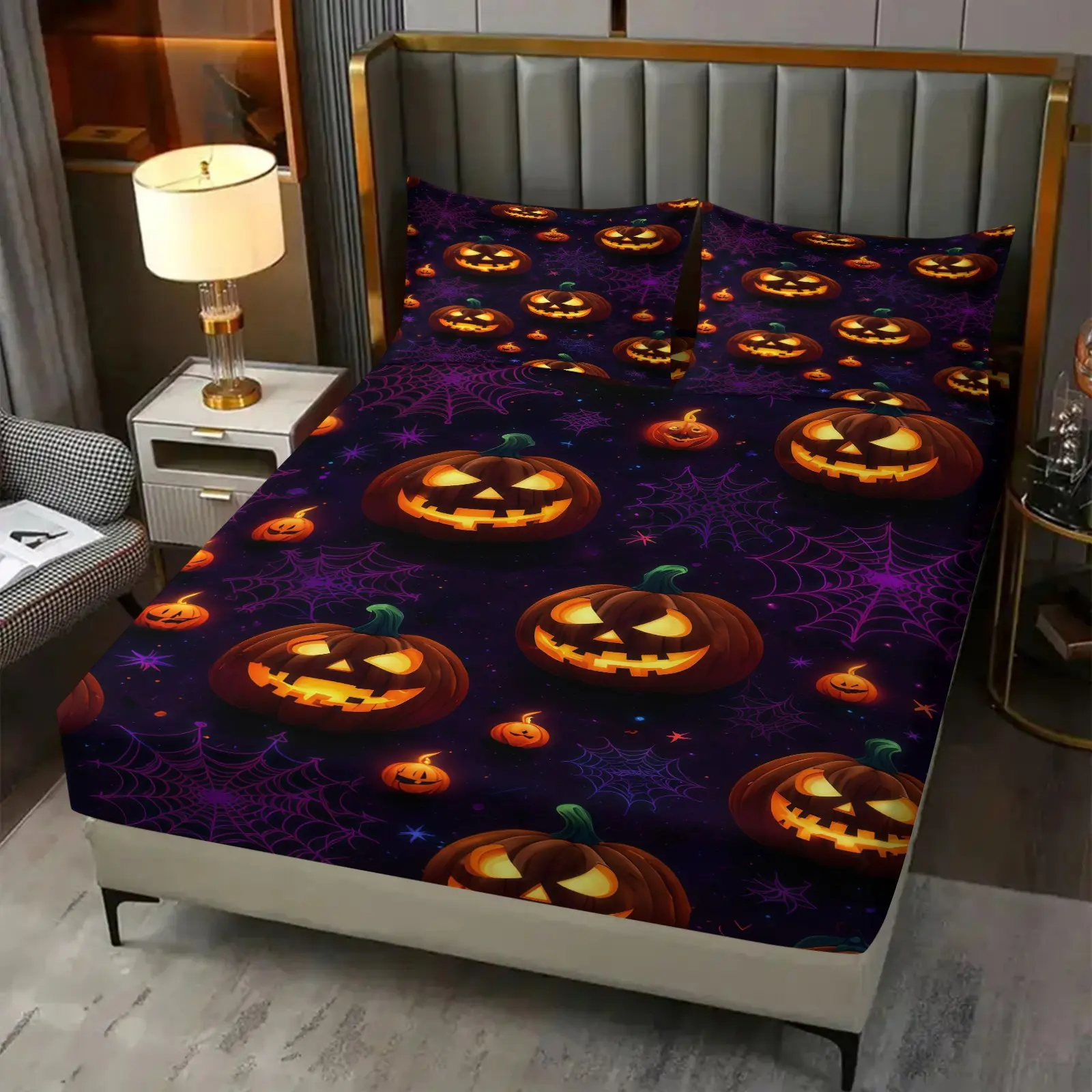 3-Piece Pumpkin Pattern Fitted Sheet Set, Halloween Bedding Set, Including 1 Sheet And 2 Pillowcases (Pillow Inserts Not Included), Suitable For Teenagers And Adults, Bedroom, Apartment, Dormitory Scene