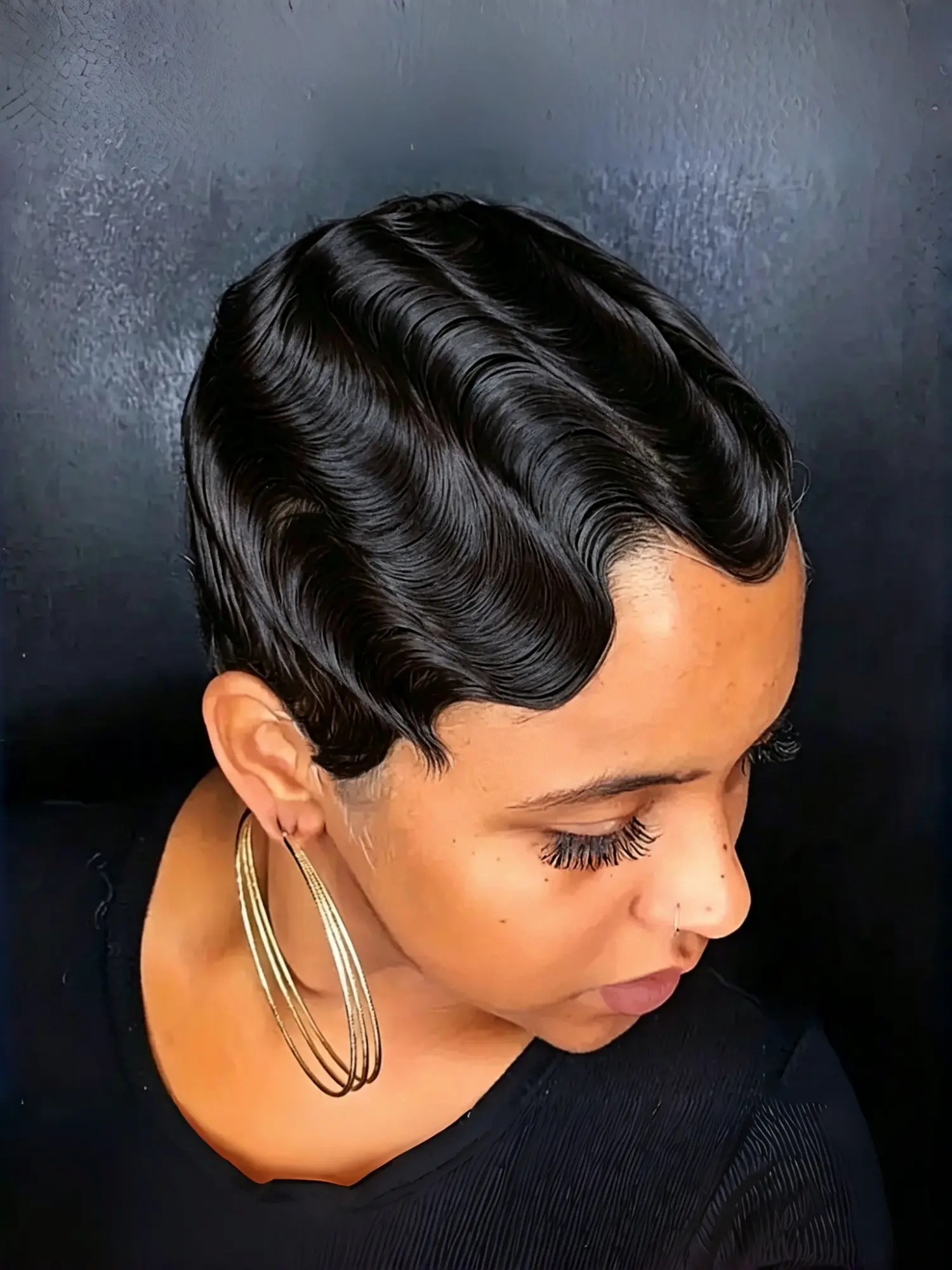 6 Inch Short Black Finger Wave Pixie Cut Human Hair Mommy Hair Wig