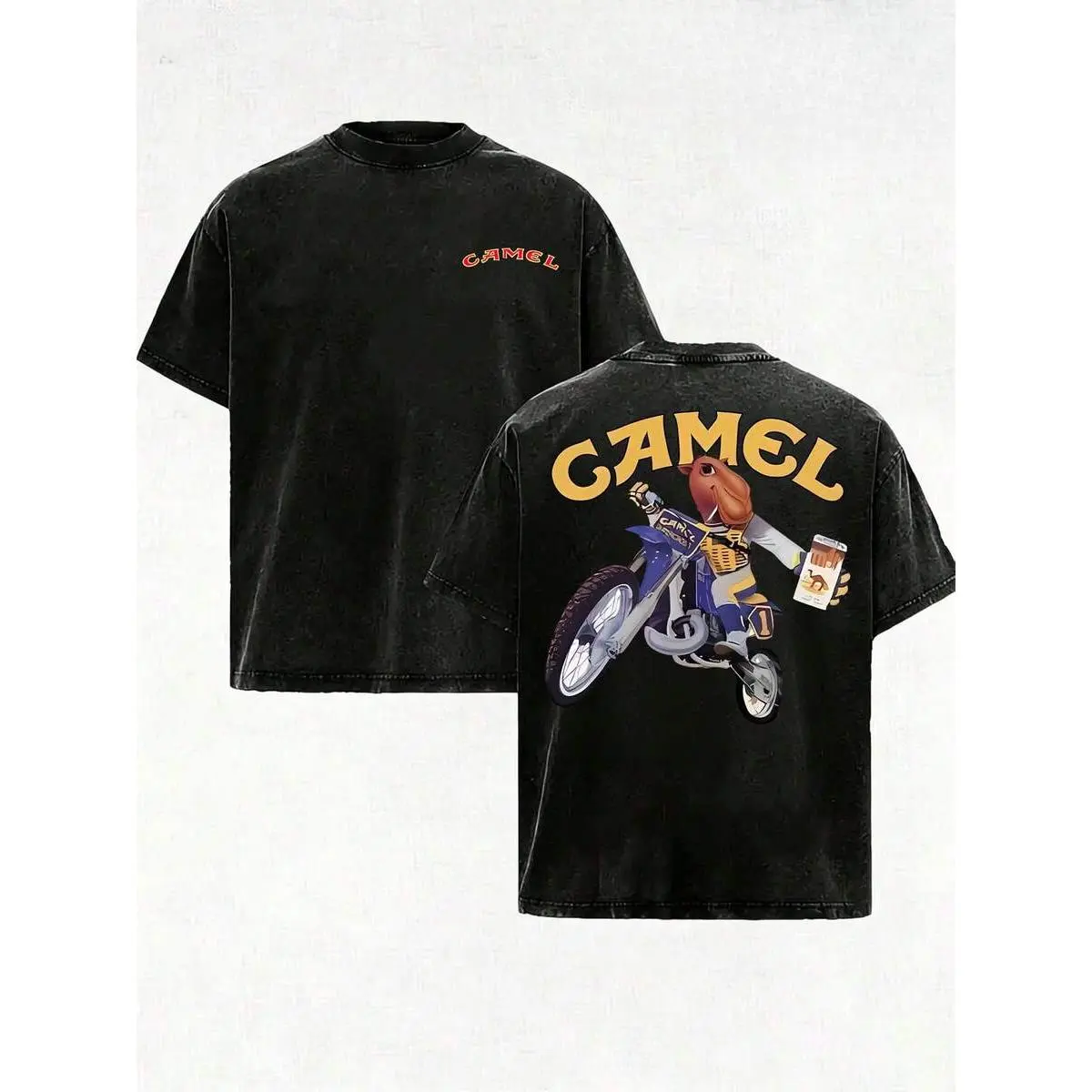 Adult Mens Womens Oversized Vintage Washed Short Sleeve Crew Tee Soft Cotton Retro Dirt Bike Camel Motocross Stunt Rider Dual Print Graphic Top For Urban Hangout Trail Ride Outdoor Racing Vacation Street Wear