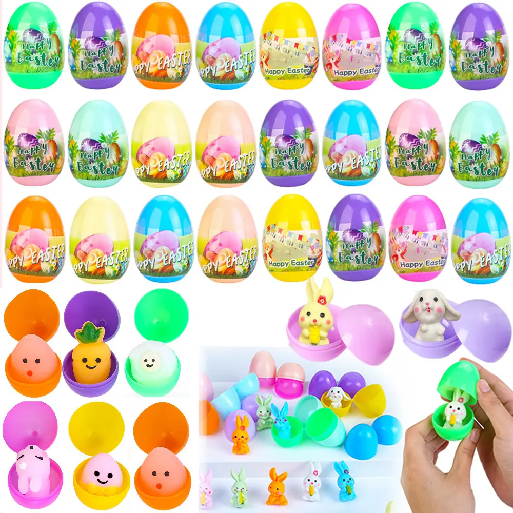 24Pcs/Set Assorted Random Colors Pop Open Pre-Filled Easter Surprise Plastic Eggs  with Mini Bunny Animal Figurines, Perfect Gifts for Kids Toddlers Friends, Easter Party Favors & Goodie Bag Fillers & Easter Egg Hunt & Basket Stuffers