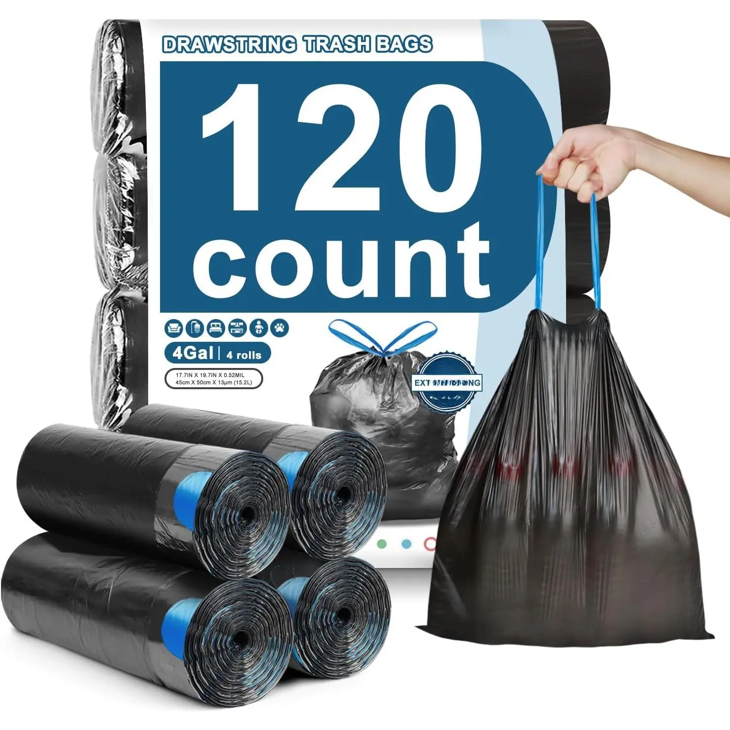 120 Count-4 Gallon Trash Bags Drawstring, Black Small Garbage Bags, Unscented Trash Can Liners, Strong Wastebasket Liner  Bathroom Toilet Office Bedroom
