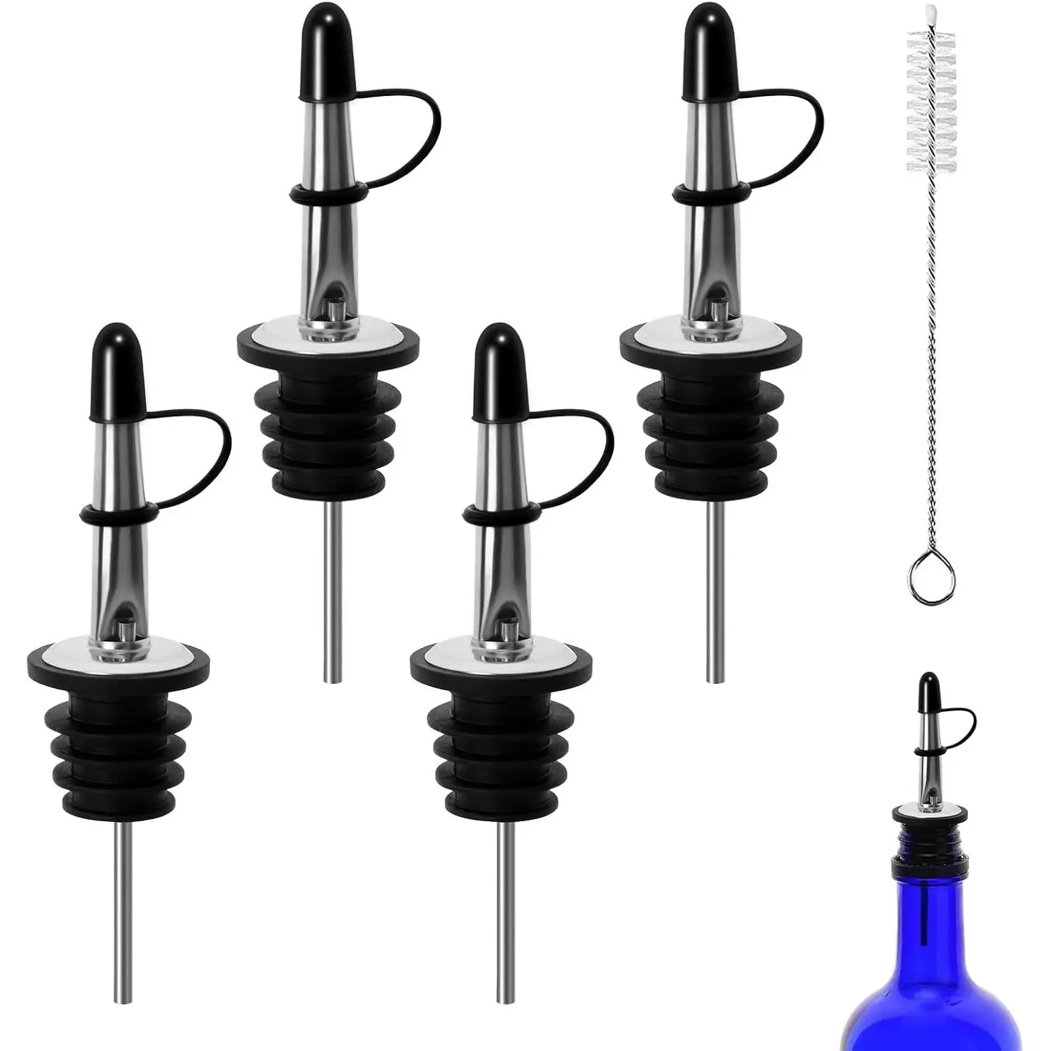 4Pcs Liquor Pour Spouts with Dust Caps - Speed Pourers for Alcohol, Olive Oil Bottles, Bar Bartender Bottle Accessory