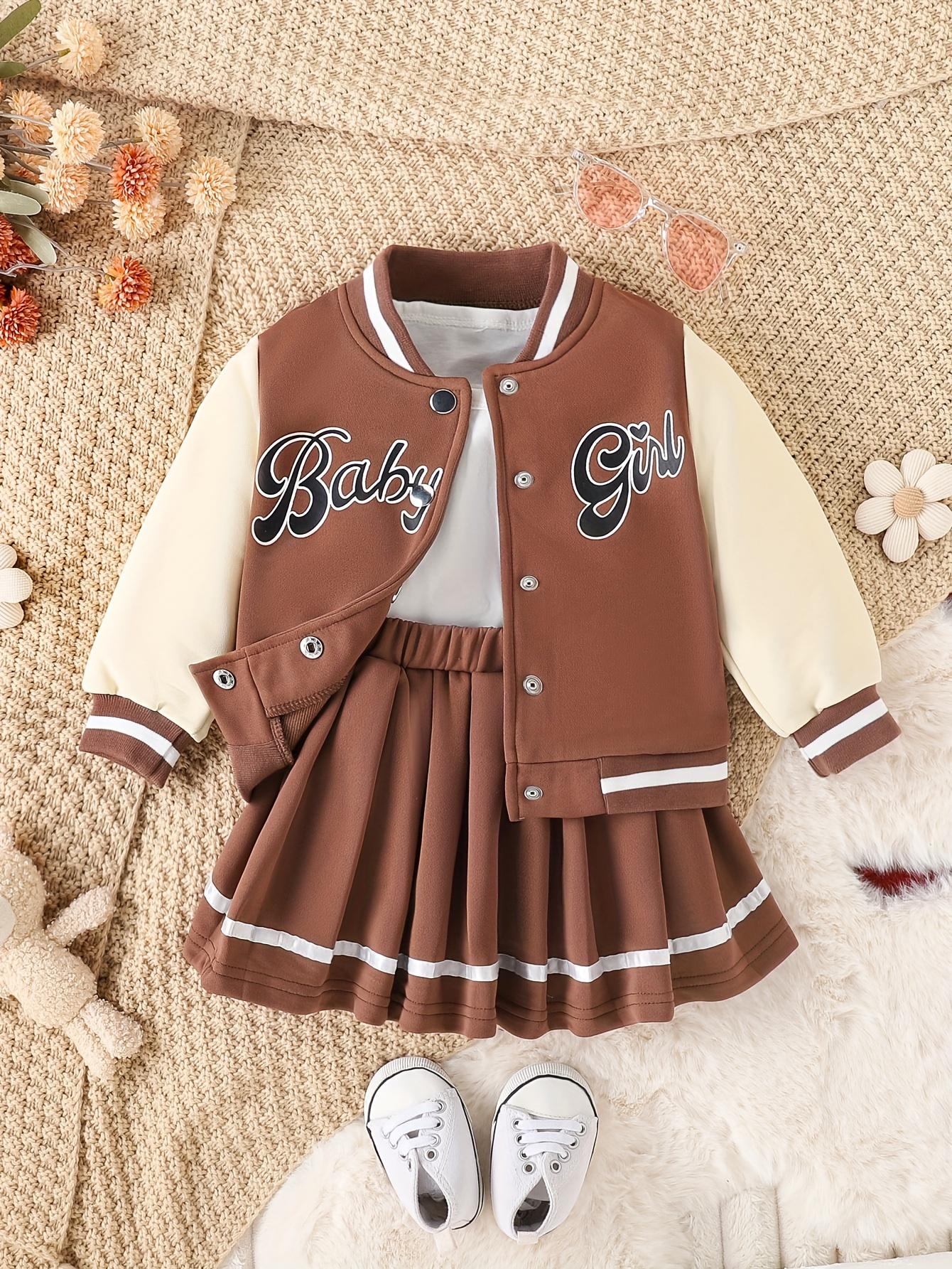 Kids Clothing Girls 2-Piece Preppy Look Set, Cotton Blend Baseball Jacket with Printed Letters + Pleated Skirt, Outdoor & Party Wear Gift