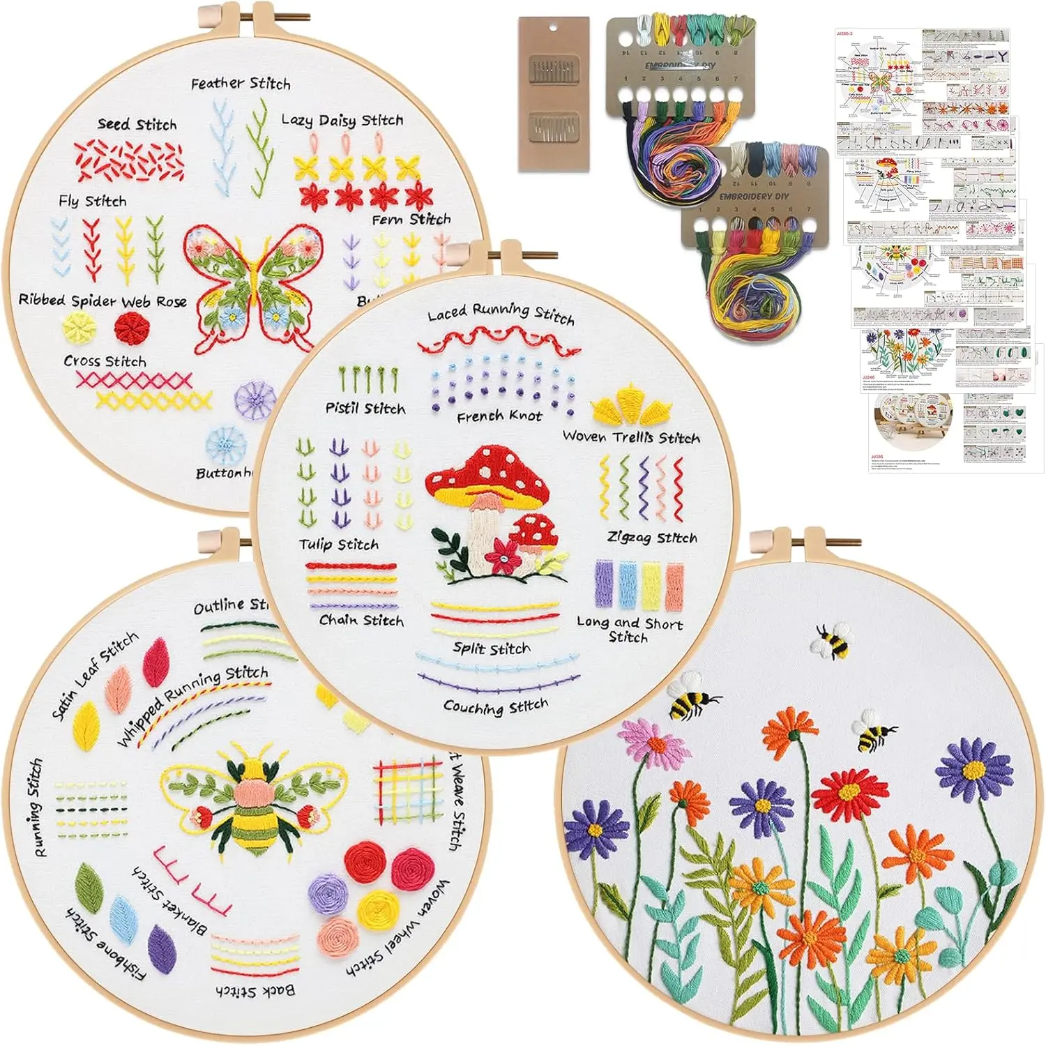 Embroidery Kits for Beginners,4 Packs Practice Tool,Beginner Embroidery Kit for Adults,Learn 30  Stitches,DIY Hand Sewing    Starter with Hoop and Instruction