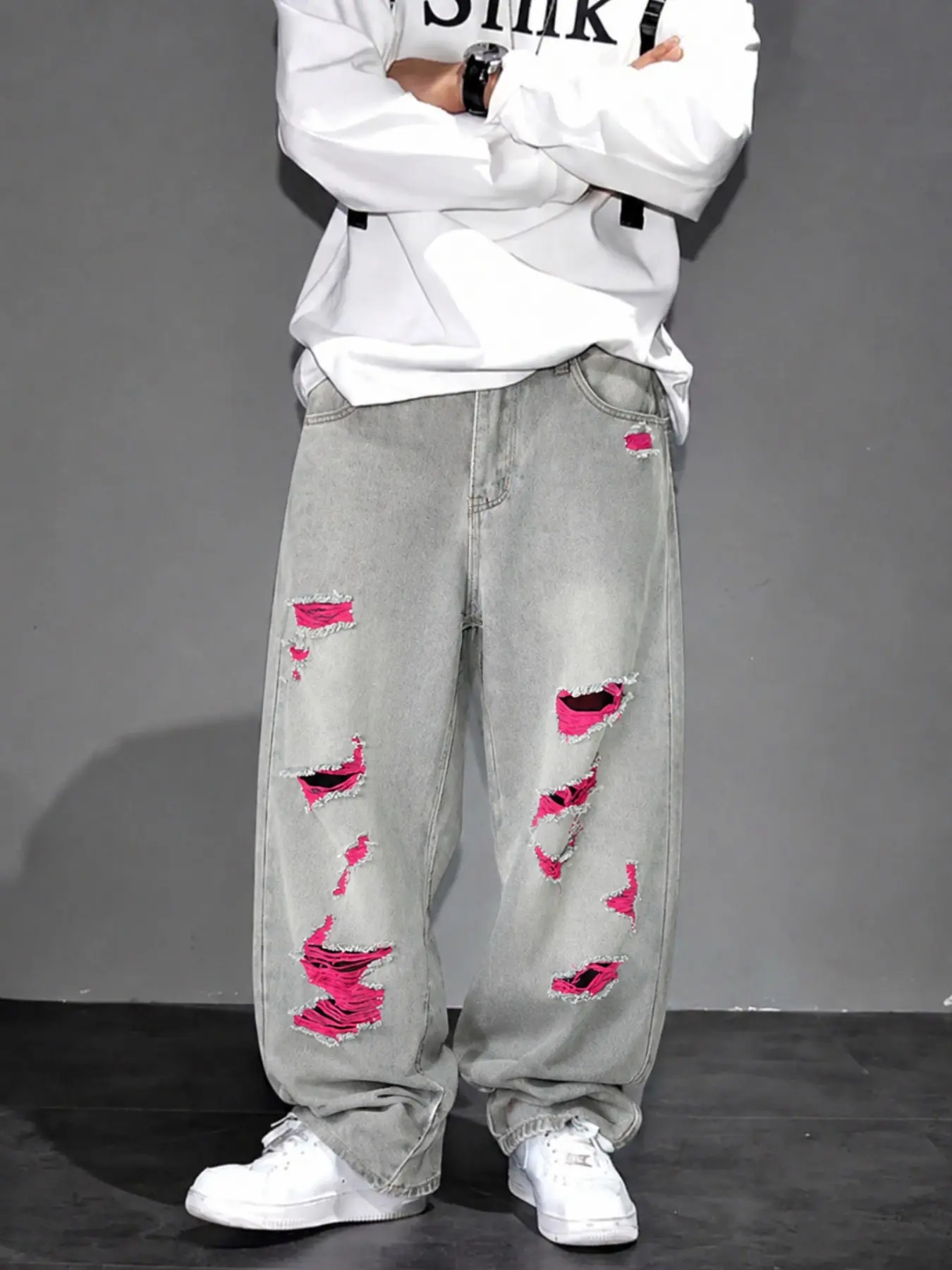Men’s Gray Washed Baggy Jeans with Pink Contrast Distressed Rips, Wide Leg Y2K Punk Streetwear Denim Pants