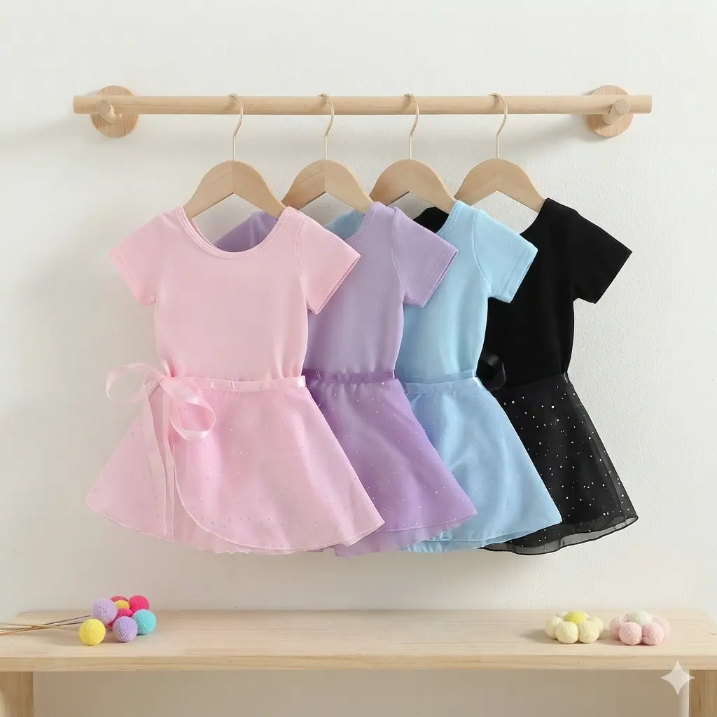 Toddler Girls' Size Ballet Leotards - Summer Short Sleeve Round Neck Ballet Outfit with Removable Skirt