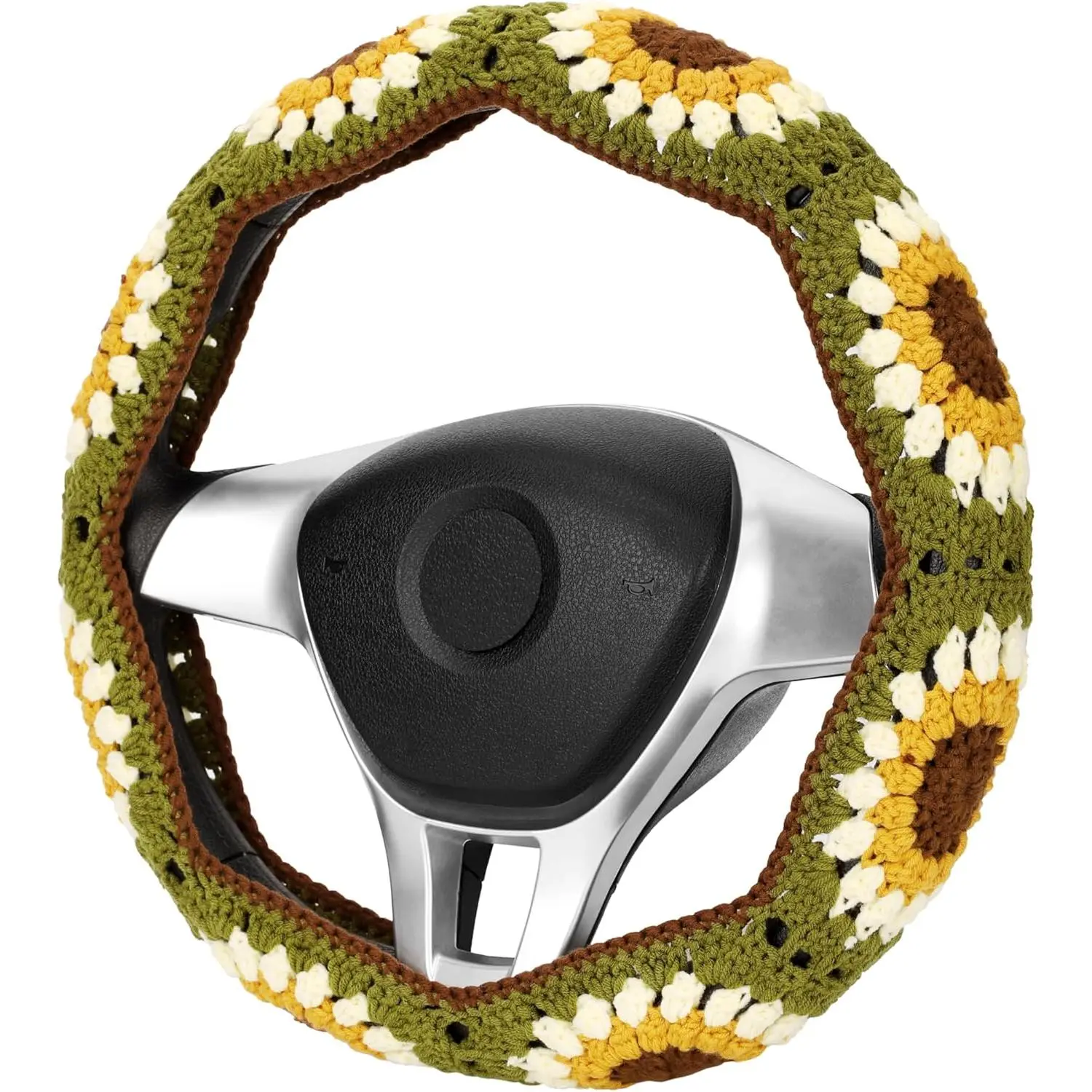 Crochet Steering Wheel Cover Set,Cute Steering Wheel Cover Boho 14-15 in,Handmade Sunflower Granny Square Decor for Women,Hippie Car Accessories for Vehicles (A Wheel Cover)