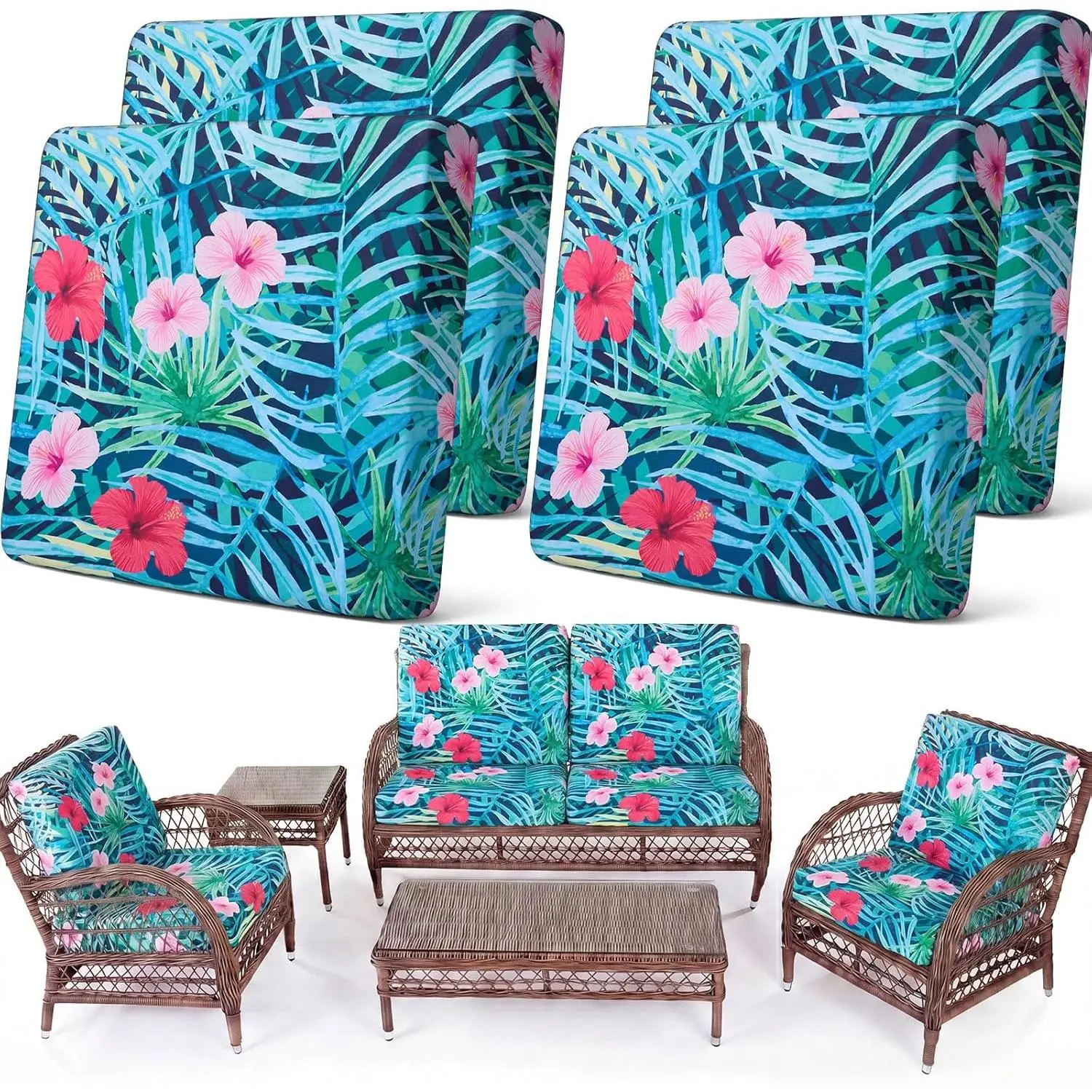 Set of 4 Stretch Cushion Covers Sofa Couch Seat Chair Slipcovers Cushion Cover Furniture Protector for Pets Washable(Tropical Leaf,Seat Cover,Print Style)