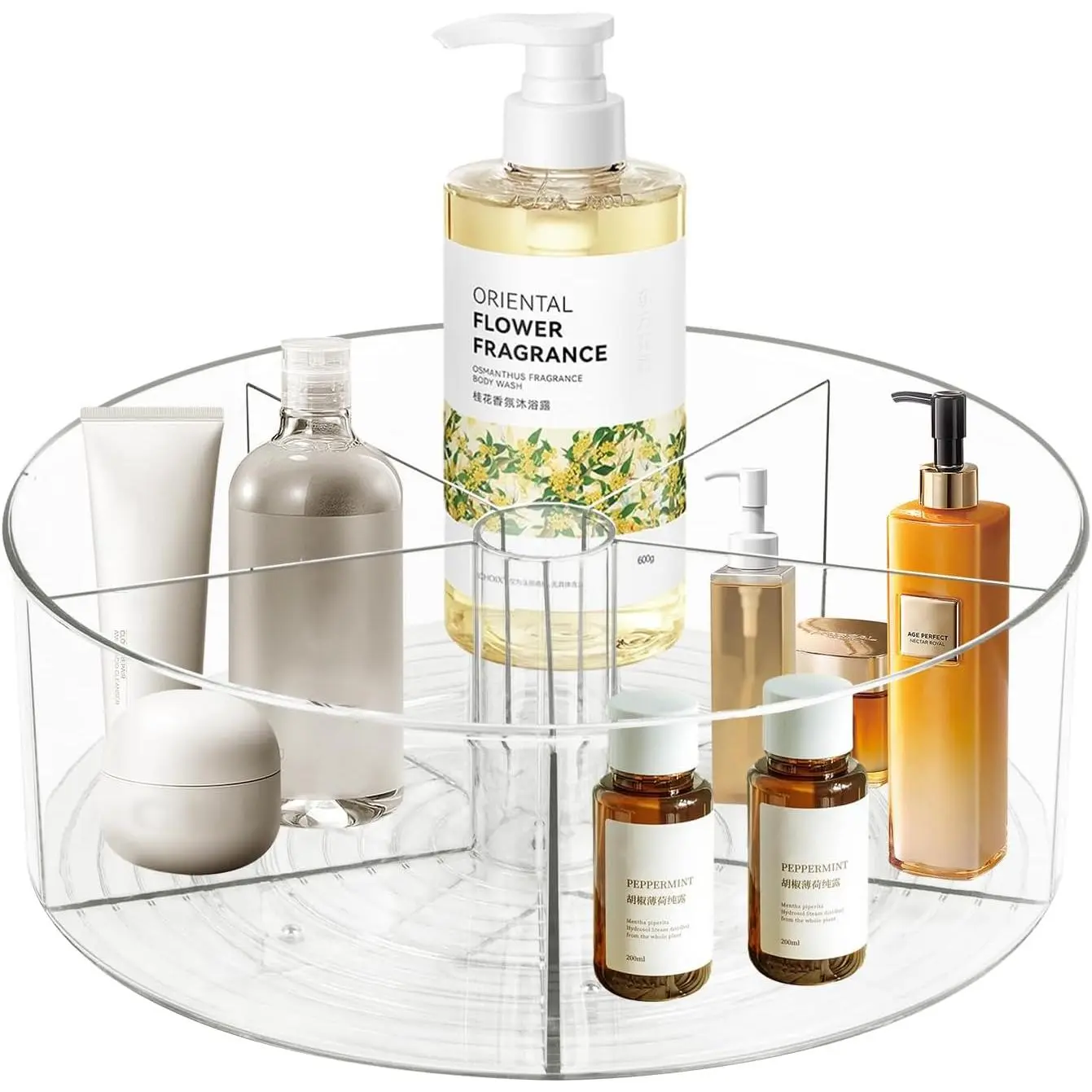360° Rotating Makeup Organizer 11.5" Clear Turntable Lazy Susan Organizer for , Bathroom Counter, Pantry, Cabinet, Spinning  Storage Holder with 5 Dividers for Skincare, Makeup Brushes