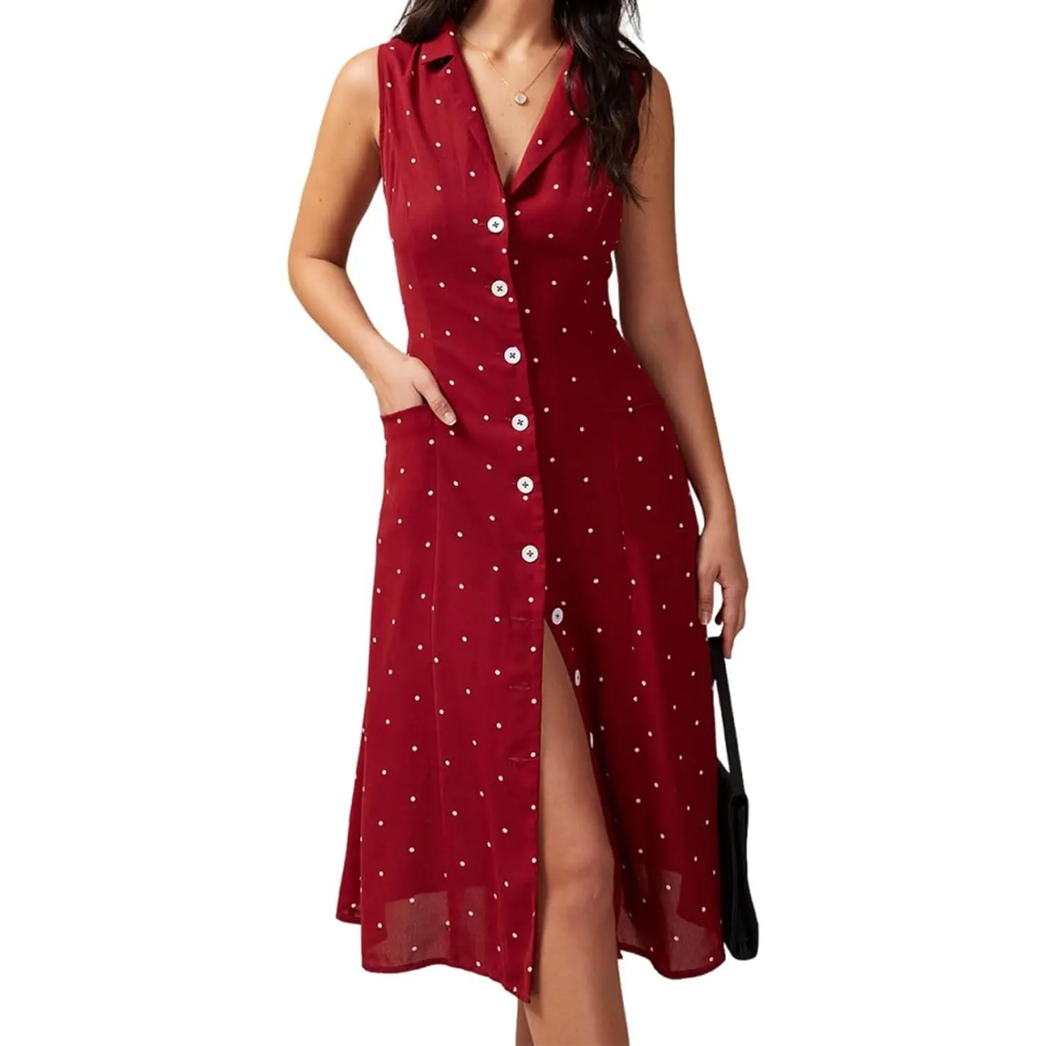 Women's Polka Dot Wrap Shirtdress, Sleeveless V-Neck with Button Front and Belt, Lightweight Summer Office Casual Dress, Breathable