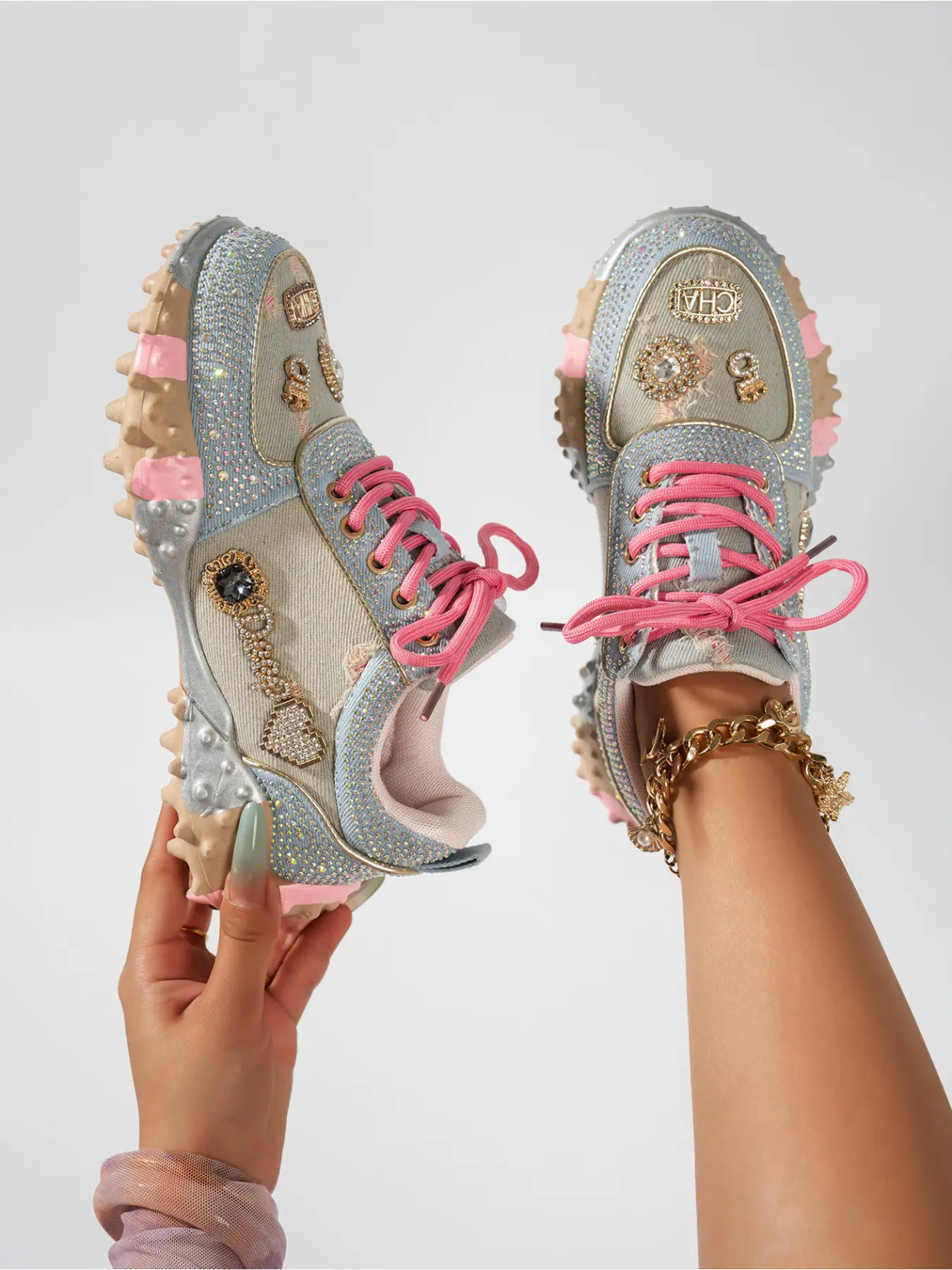 Ladies Vintage Washed Denim Rhinestone Chunky Sneakers 5cm Anti Slip Spike Sole Color Metal Decor Nightclub Daily Sparkly Footwear