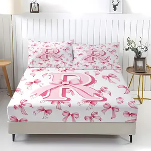 3-Piece Coquette Pink Bow Letter R Fitted Sheet Set,1 Fitted Sheet+2 Pillowcases,Soft Cozy Fabric,All Season HD Printed,Deep Pocket Non Slip Mattress Cover,Aesthetic Custom Initial Bedding for Teen Girls Dorm Room