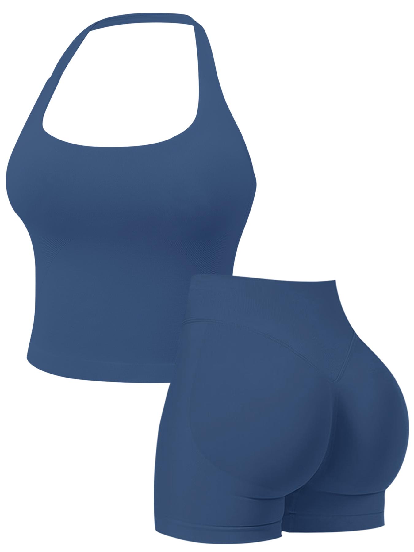 Two-Piece Set Women's Solid Color Halter Top & High Waist Shorts Sports Set, Sporty Comfy Breathable Quick Drying Outfits for Yoga Gym Workout Running, Ladies Sportswear for Summer