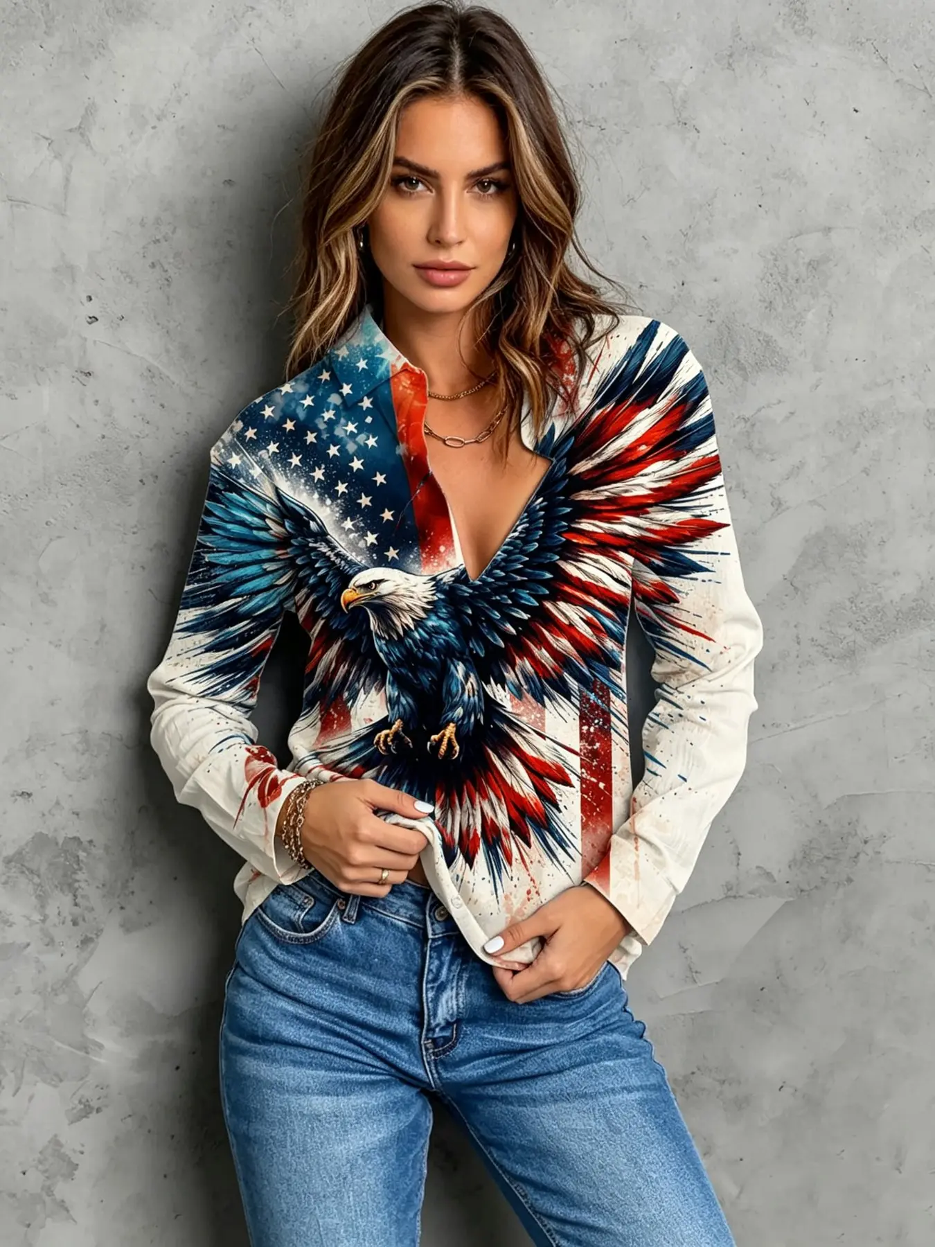 2026 New Women's Ink Wash Eagle Flag Long Sleeve Shirt, American Patriotism Style, Loose-Fitting, Casual Blouse, All over Print