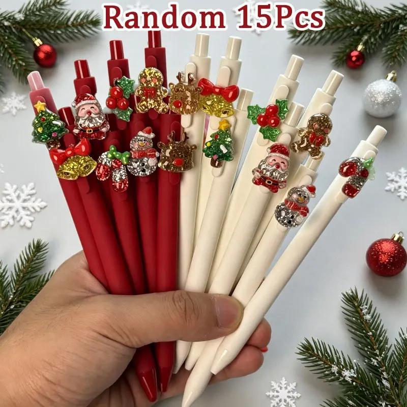 15Pcs Christmas Glitter Ballpoint Pens, Festive Holiday Writing Pens with Sparkly Santa, Snowman & Reindeer Charms, Red & White Matte Pens, Back To School Student Stationery Random Styles