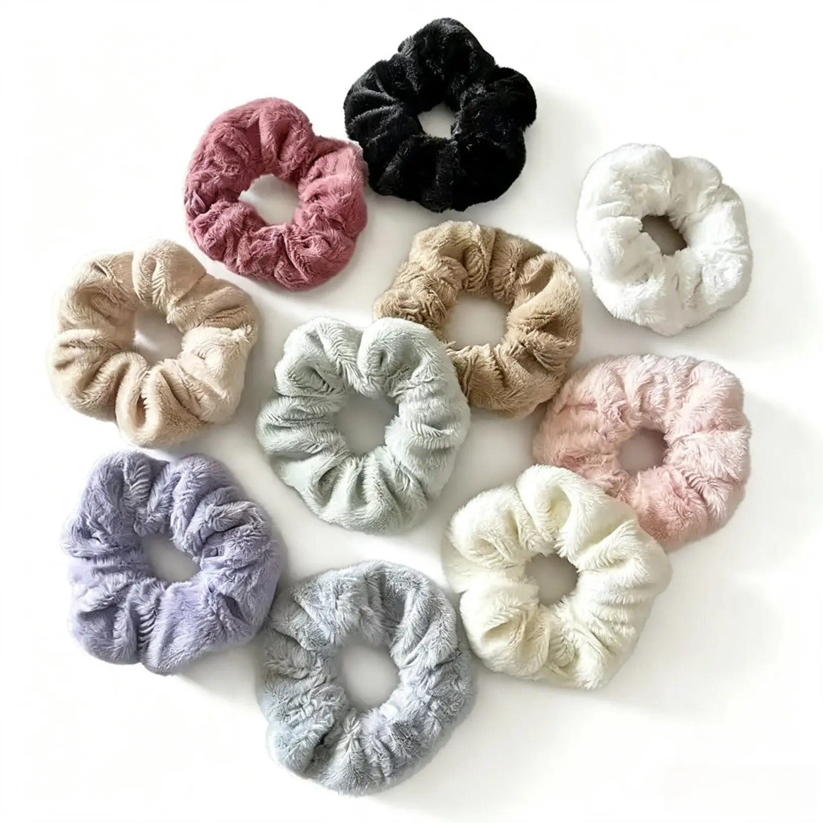 Fluffy Plush Scrunchies, Soft Hair Elastic Ponytail Holder for Women Girls, Cute Flower Hair Bobbles, Daily Casual Hair Accessories for Thick Thin Hair, Assorted 10‑Color Hair Ties for Hairstyle Decoration