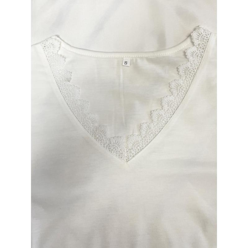 Elegant Plus-Size White V-Neck T-Shirt with Lace Detailing,Short Sleeve,Semi-Sheer Summer Top for Women,Plus Size Blouses Collar Fabric Spandex Casual