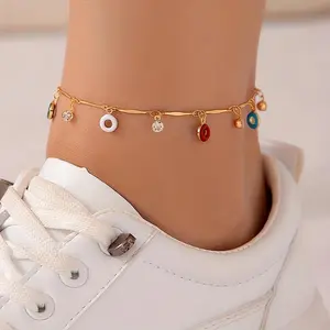 Women's 1pc Single Layer Chain Jewelry Anklet - Fashionable Simple Creative Geometric Rhinestone, Colorful Drip Oil Tassel Pendant; Matching Necklace Sold Separately, Chain Jewelry Anklets