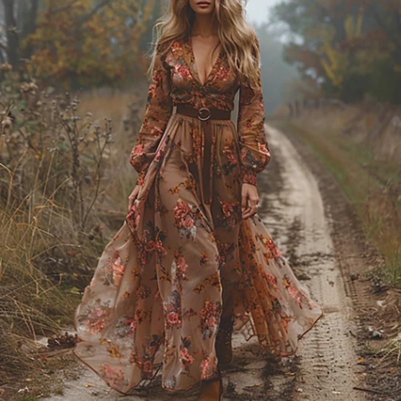 NewVintage Floral Print Deep V Fashion Waist Party Maxi Dress Autumn Women's Ethnic Lady Chic Bohemian Dresses  New Casual Womenswear sundress summer outfits quinceanera dress dresses summer