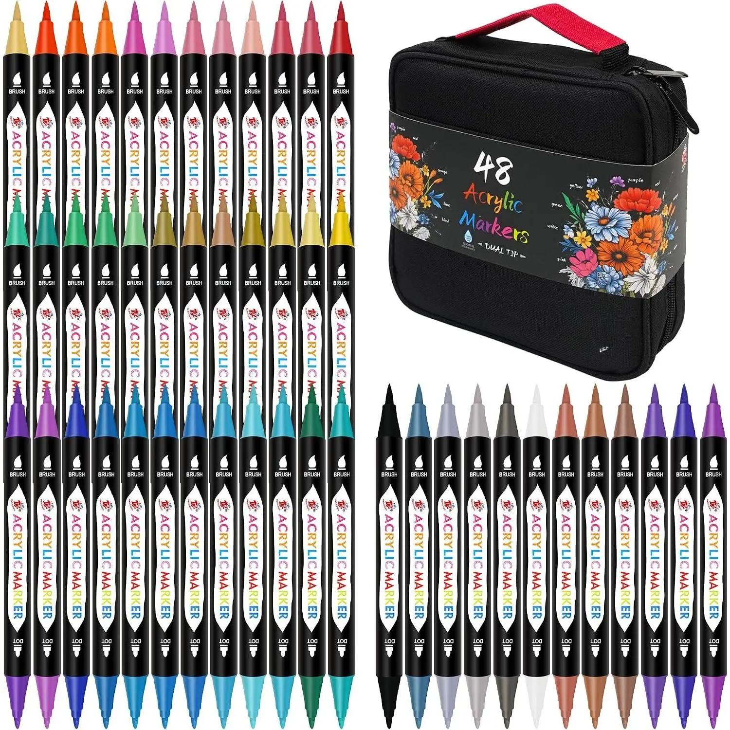 Markers,48 Colors  Tip, Double Zipper Canvas Bag – , , Art Supplies for Canvas, , Glass, Rock, Ceramic –  for Artists & Hobbyists