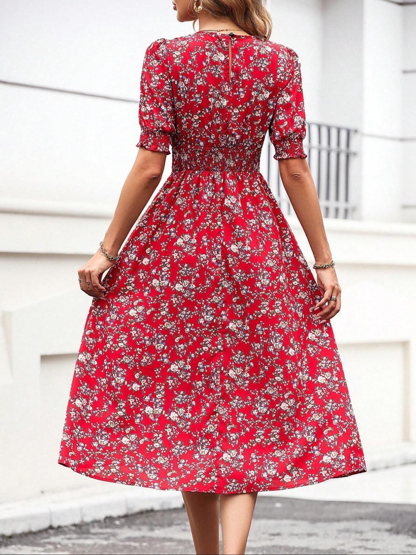 Women's Floral Print Bubble Hem Dress, Round Neck Waist Cinched Design, Boho Style Midi Skirt, Fitted Short Sleeve, All Seasons