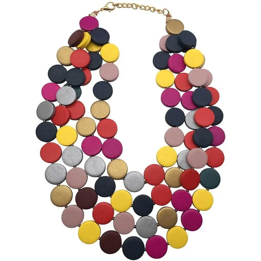 Statement Multicolor  Bead Chunky Layered Necklace For Women Multi Layer Color Wooden Beaded Bib Long Strand  Necklace For Women Fashion  Costume (Multicolor)