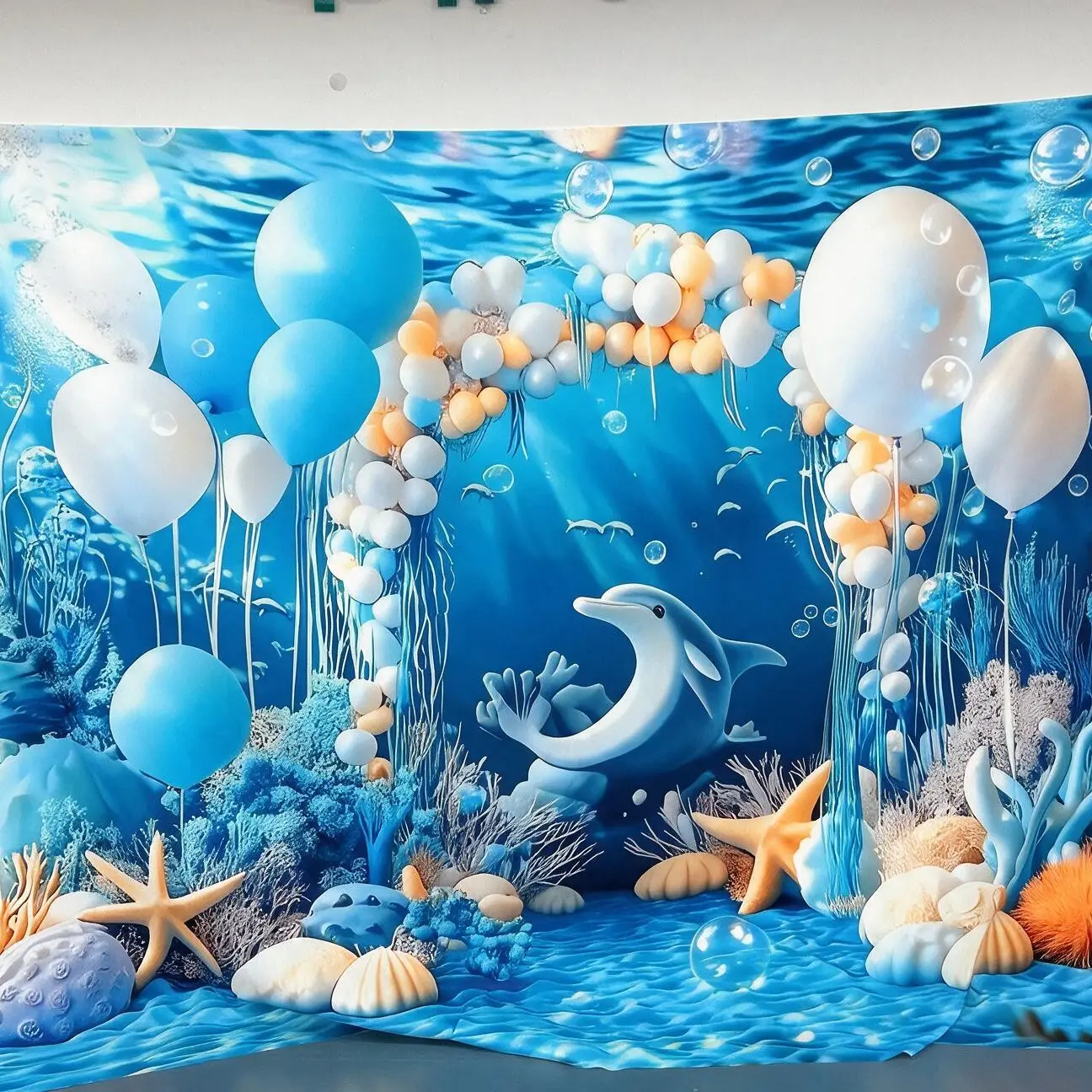 Blue Underwater Dolphin Starfish Shell Balloon Ocean Theme Polyester Background Banner, Suitable for Living Room, Bedroom, Office, Birthday Parties, Anniversaries, Home Decor, Indoor/Outdoor Parties, Photography Backdrop, Birthday Party Supplies