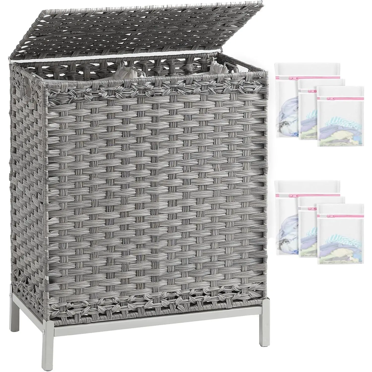 Laundry Hamper with Lid, 112 L Handwoven PE Rattan Wicker, Gray | 2-Section Large Basket, 2 Removable Liner Bags, Heightened Metal , 6 Mesh Laundry Bags, Foldable Side Handles