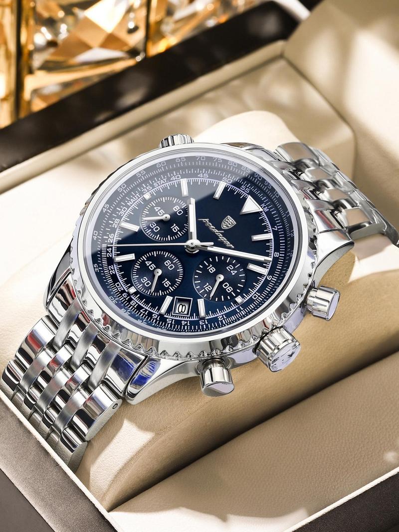 Business Fashion Round Dial Analog Quartz Watches for Men, Trendy Multifunctional Watch, Waterproof Luminous Date Chronograph Watch, Stainless Steel Watch for Men Gifts, with Box