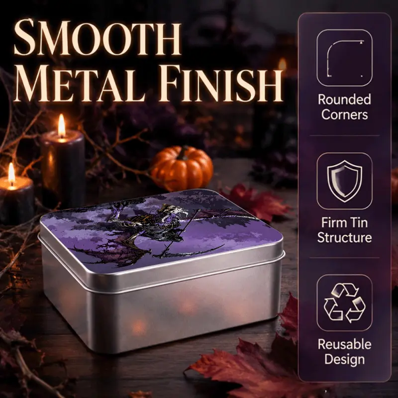 Halloween Purple Sky Grim Reaper Dragon Print Metal Storage Tin Box, Smooth Portable Reusable Mini Container for Candy, Stickers & Jewelry, Dark Fantasy Gothic Party Favor Gift for Dragon Lovers, Ideal Present for Family and Friends