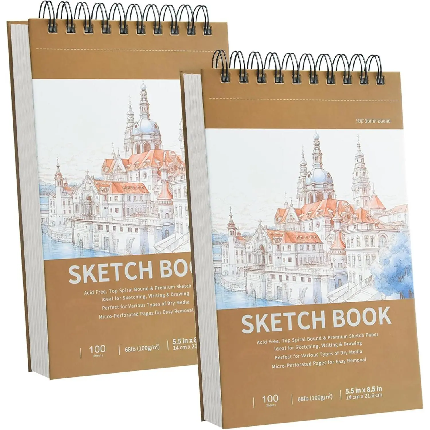 5.5" x 8.5" Small Sketch Book, Top Spiral Bound Sketch Pad, 100 Sheets Each 68lb/100gsm Drawing Paper, 2 Pack