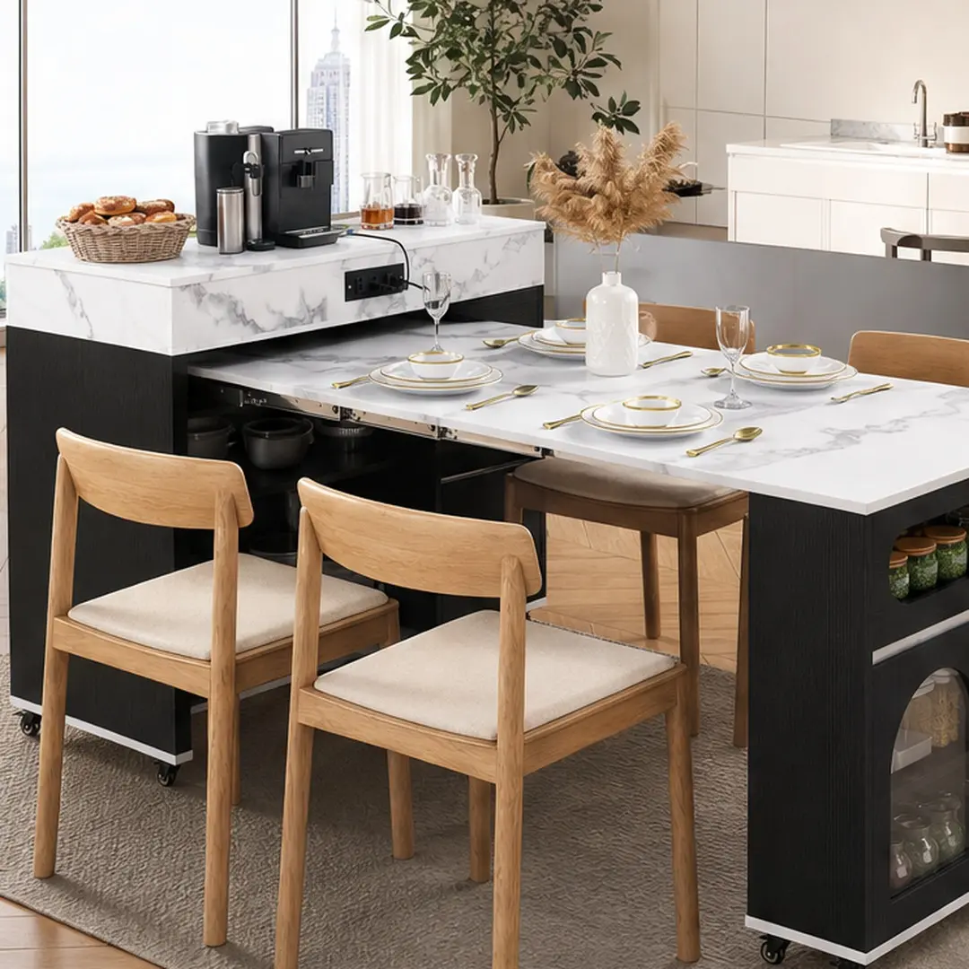 ARCH Extendable Dining Table with Extra-Long Folding Top, Rolling Kitchen Island, Drawers, Power Outlet, Brake Lock & Storage Cabinet, Black-White Marble, 43.5x73.8x37.6in (Indoor Furniture for Kitchen & Dining Room), Meal Prep, Casters, Foldable Dining T