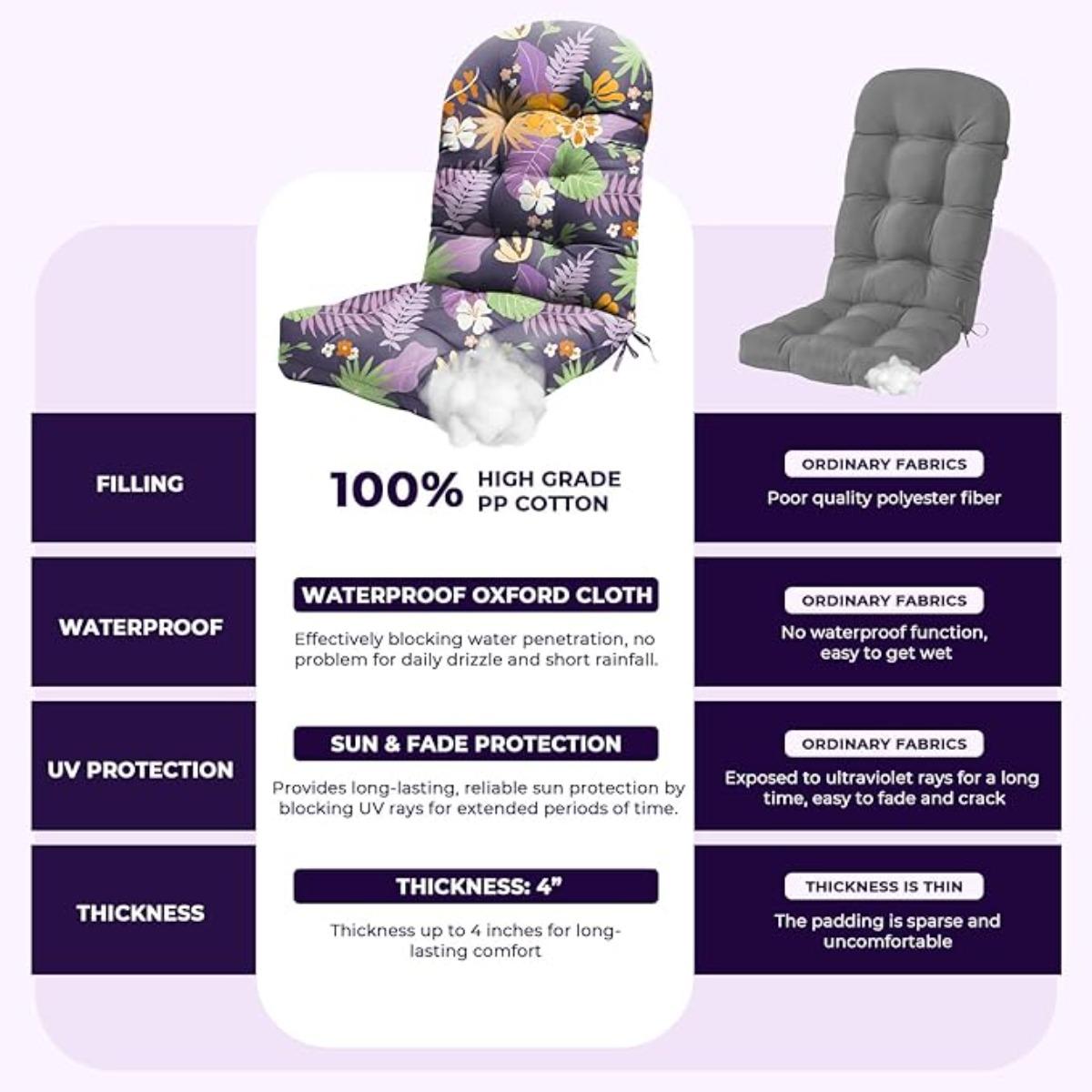 Adirondack Chair Cushion Waterproof Indoor Outdoor Rocking Chair Cushion 44 Inches Patio High Back Chair Cushions Thickened Adirondack Rocking Chair Cushions with Ties, Purple