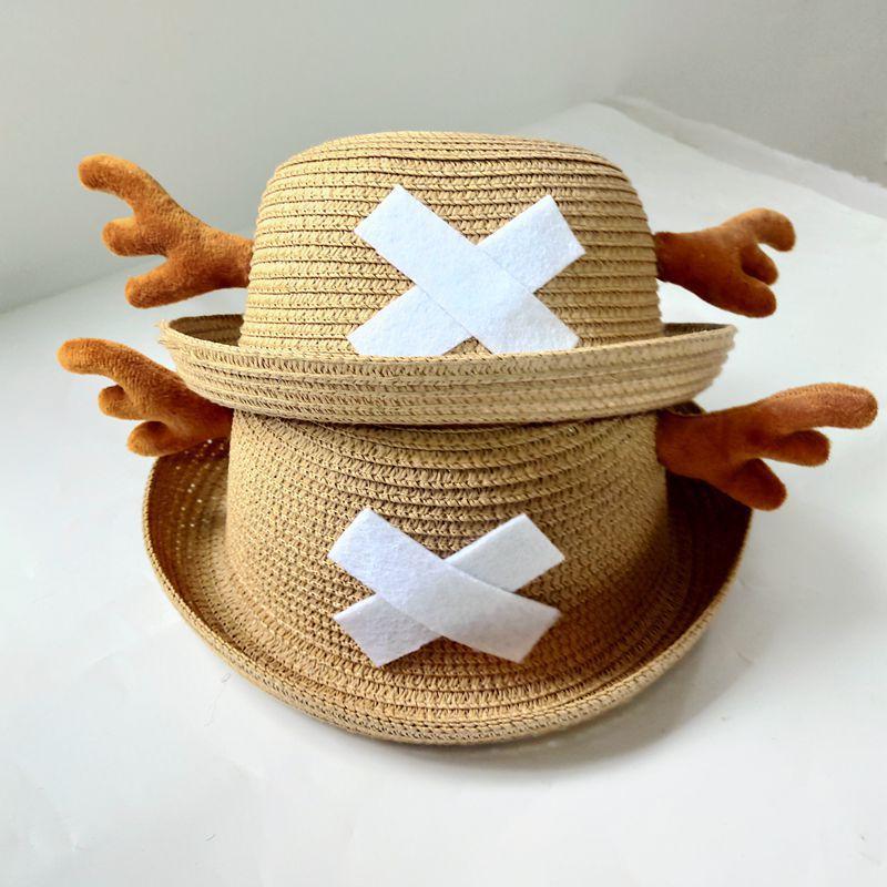 New two-dimensional anime straw hat, One Piece cartoon hat, cosplay accessory with round top and antlers, summer sunshade, gift for friends party
