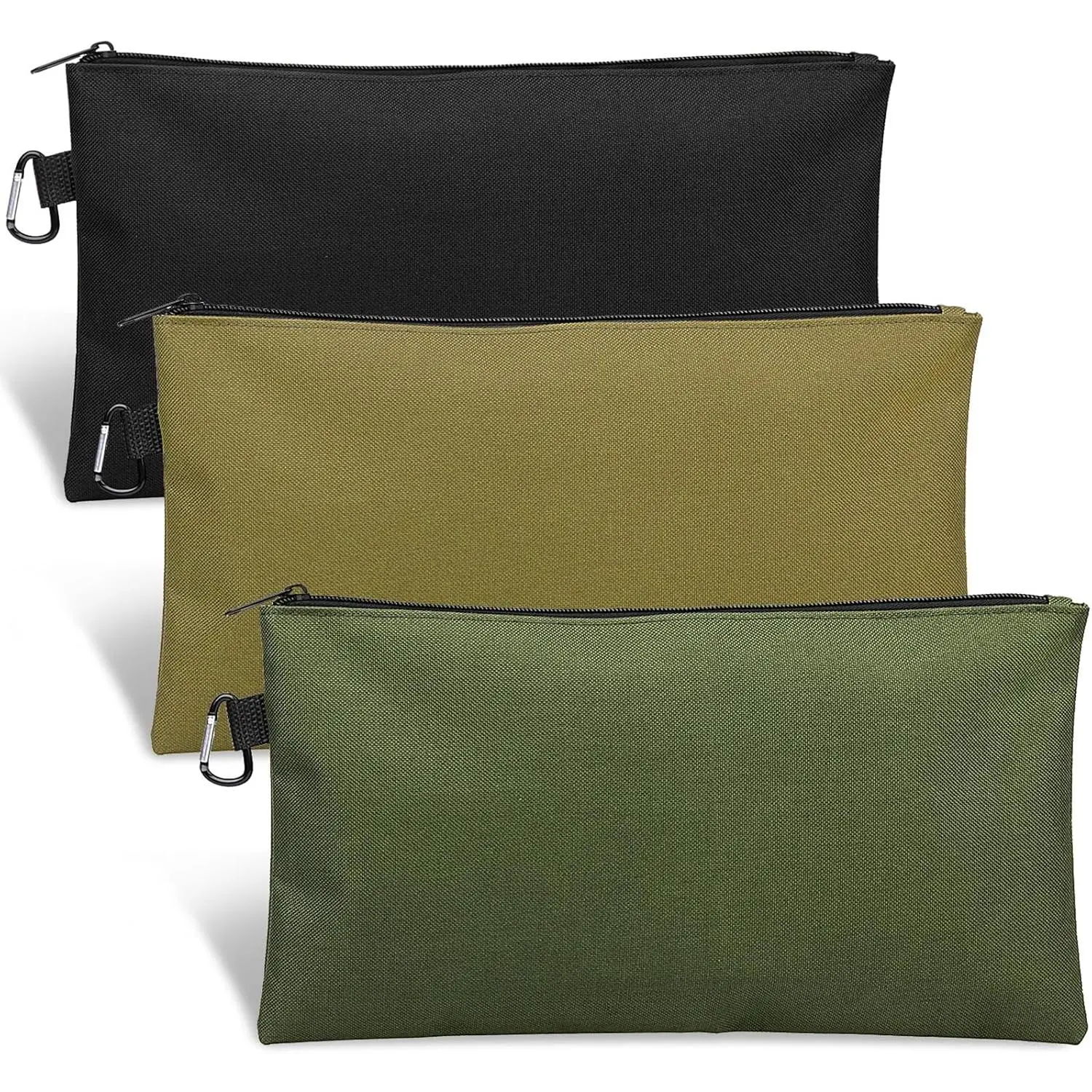 3 Pack Tool Bag Zipper Pouch,  Tool Pouch, Utility Storage Organizer | Tool Pouches with Carabiner Metal Zipper for Tools, Stationary, Pencil Pouch (3 Pack, Tan, Navy Green, Black)