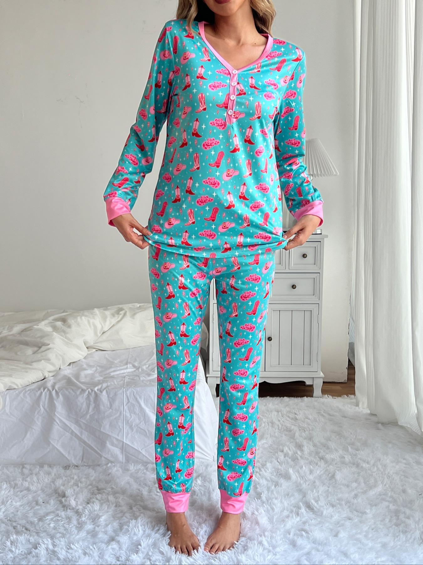 Women's Christmas Print V Neckline Button Front Lounge Set, Casual Comfortable Long Sleeve Top & Elastic Waist Pants Loungewear Set, Ladies Sleepwear for Spring & Fall，womenswear