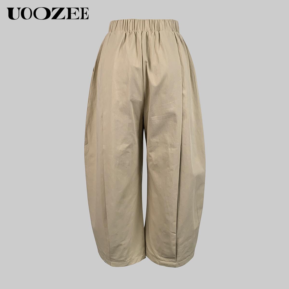 UOOZEE Women's Loose Solid Color Capri-Pants Cropped Trousers, 100% Cotton Summer Comfortable Breathable Fabric, Daily Versatile Elastic Waistband Lantern Pants with Pockets (Fits Larger at Waist - Check Size Guide or Order One Size Down)