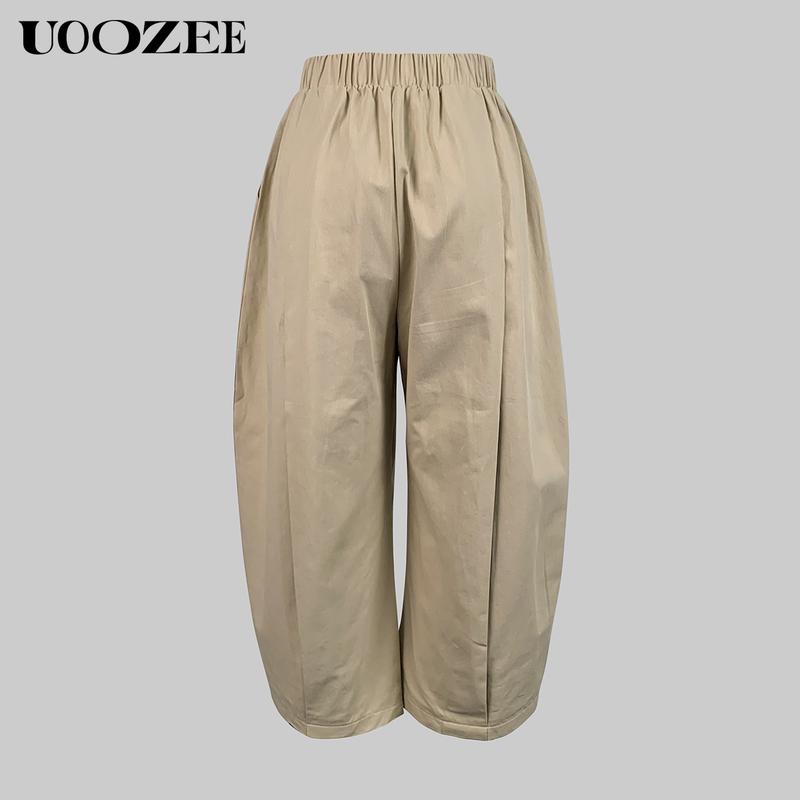 UOOZEE Women's Khaki Loose Multicolor Cropped&Long Trousers 100% Cotton Soft Summer&Autumn/Winter Comfortable Breathable Fabric Elastic Waistband Lantern Pants with Pockets Casual Style Bottoms Outfit Minimalist Spring Basic teacher outfits