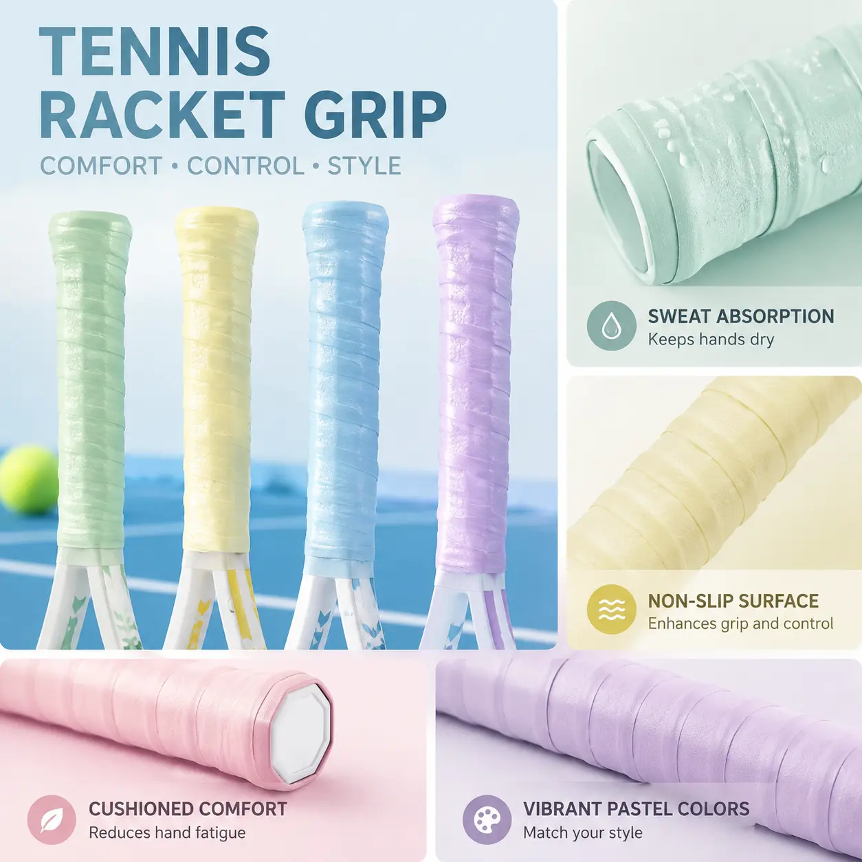 Premium Dual-Gradient Tennis Overgrip Tape – Highly Absorbent, Extra-Sticky Non-Slip Grip Wrap for Tennis, Badminton & Squash Rackets, Soft Comfortable Texture with Vibrant Color Options