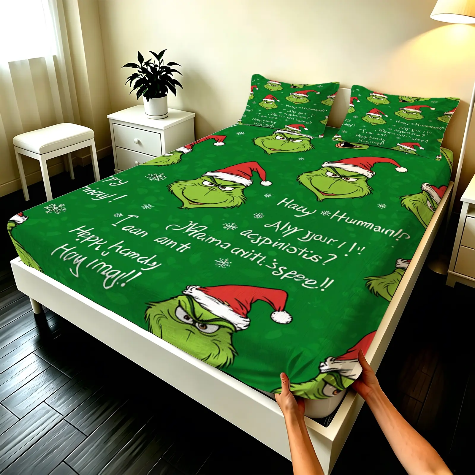 3pcs Fitted sheet Grinch Christmas Themed Patterned Bedding Set, Soft Microfiber Fitted Sheet with Pillowcases, Wrinkle Resistant Breathable Fade Proof Cozy Holiday Bedding for Bedroom Guest Room, Fits Twin Full Queen King Size