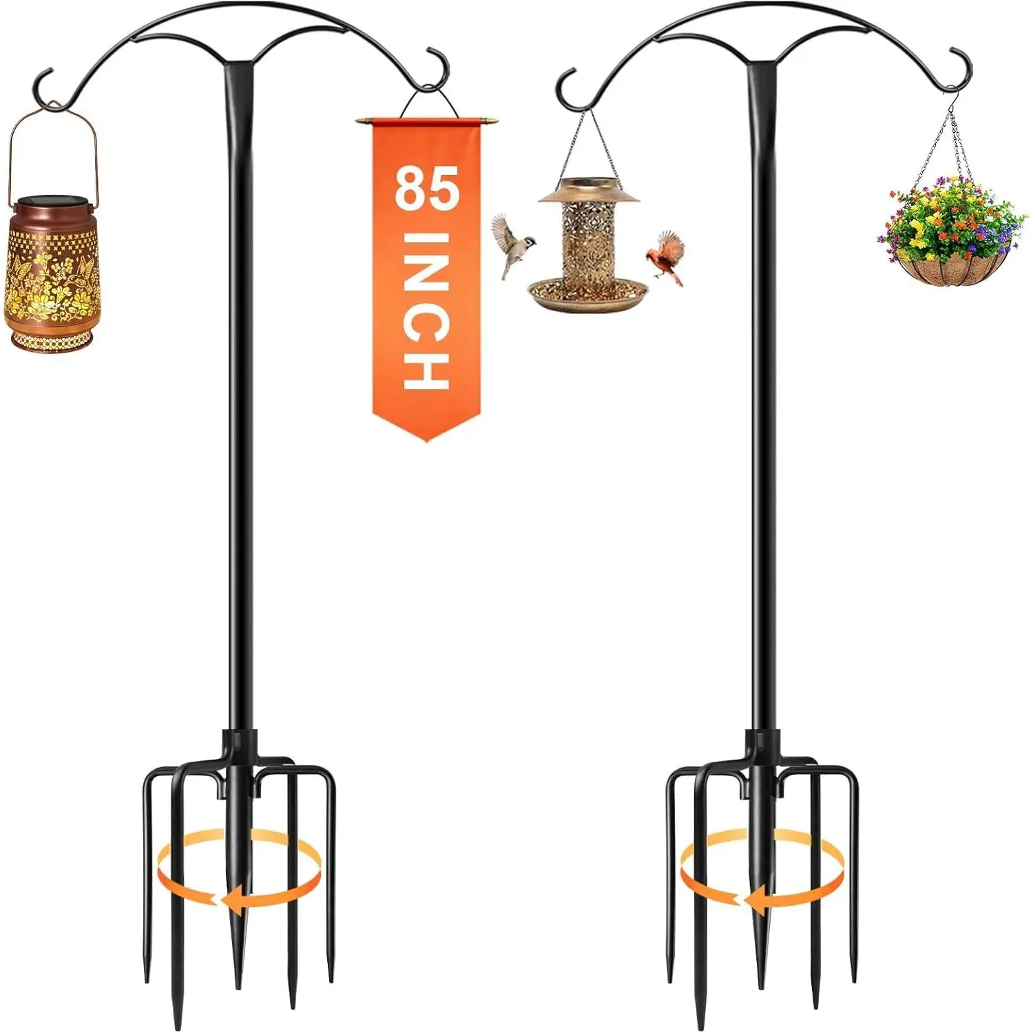 85 in Outdoor Shepherds Hooks (2 Pack) - Heavy Duty Garden Accessories with 5-Prong Metal Base, Adjustable Stand Hanger for Garden Plant, Hummingbird Feeder, Lantern, Hanging Wedding Decor, Outdoor Hooks