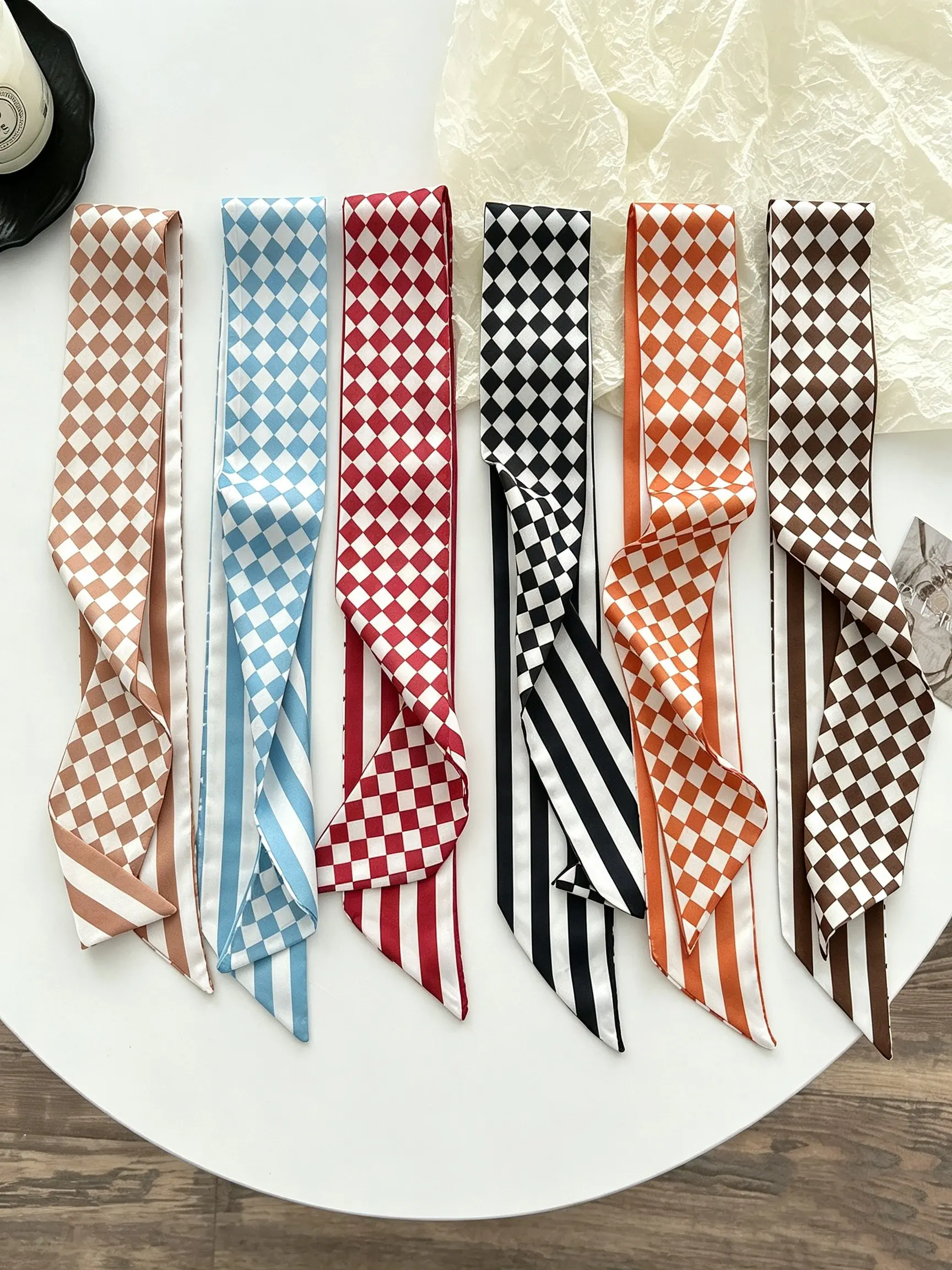 6-Piece Colorful Rhombus Vertical Stripes Women's Decorative Neck Scarf, Hair Tie, Bag Strap, Long Ribbon Set, Multifunctional Accessories