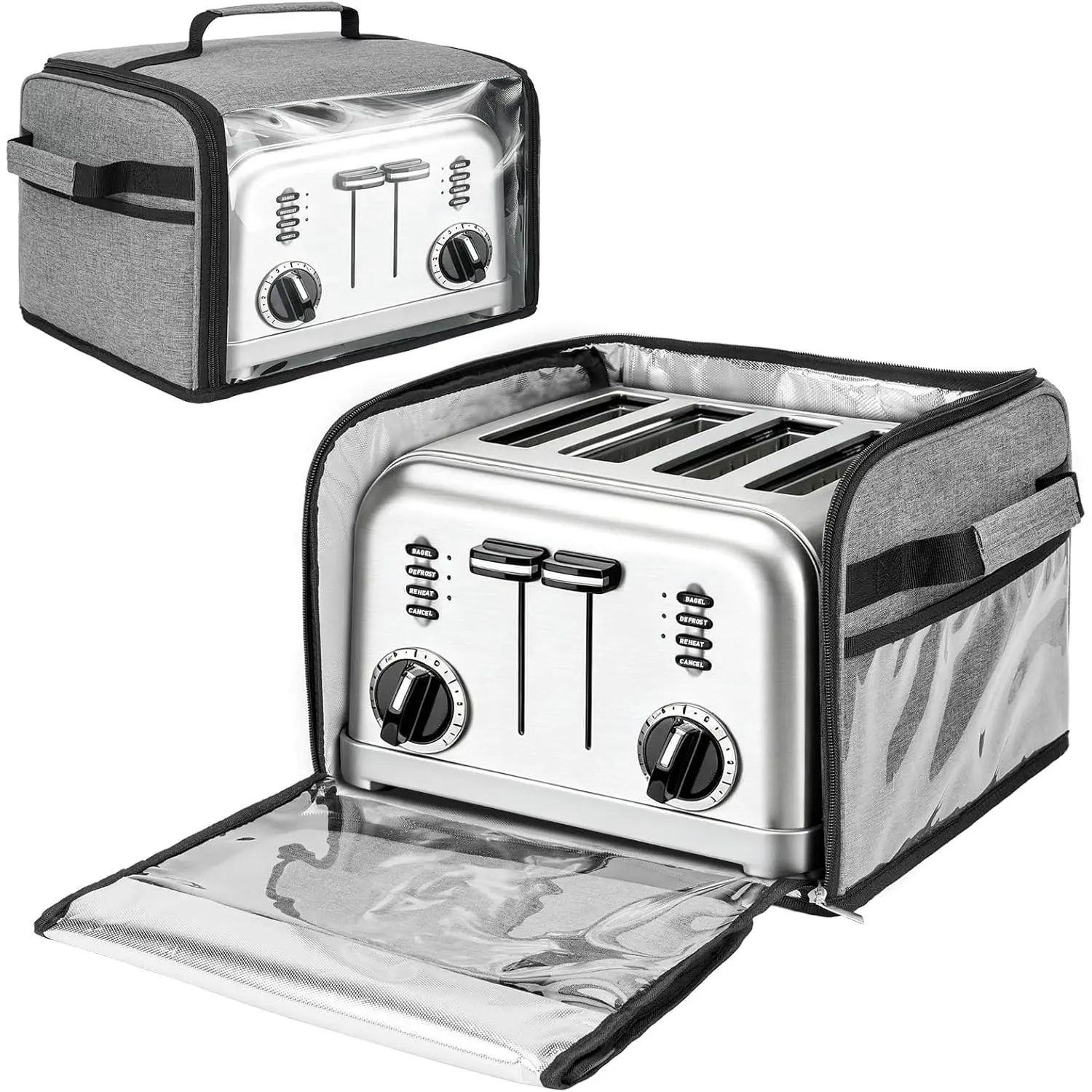 ZIOZERTT 4-Slice Heat Resistant Toaster Cover, Polyester with Aluminum Foil Lining & Base, 13.2x12.4x8.5" Full Open Double Zipper, Compatible with Cuisinart, BELLA, Black and Decker (Grey, Cover Only)