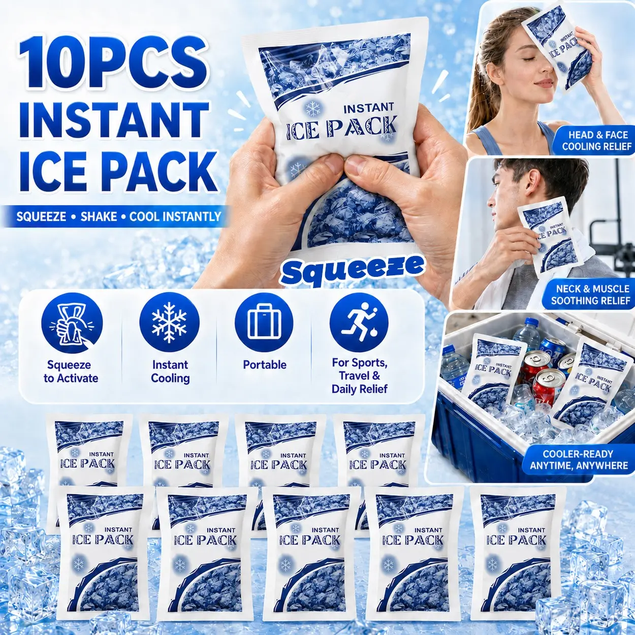 10Pcs Instant Ice Pack Cooling Bags, Squeeze-Activate No-Freezer Cold Compress Packs, Portable Rapid Cooling Ice Packs for Sports, Outdoor Workout, Travel, Beauty Routine, Summer Heat Relief, Lunch Bag, Emergency Cooling